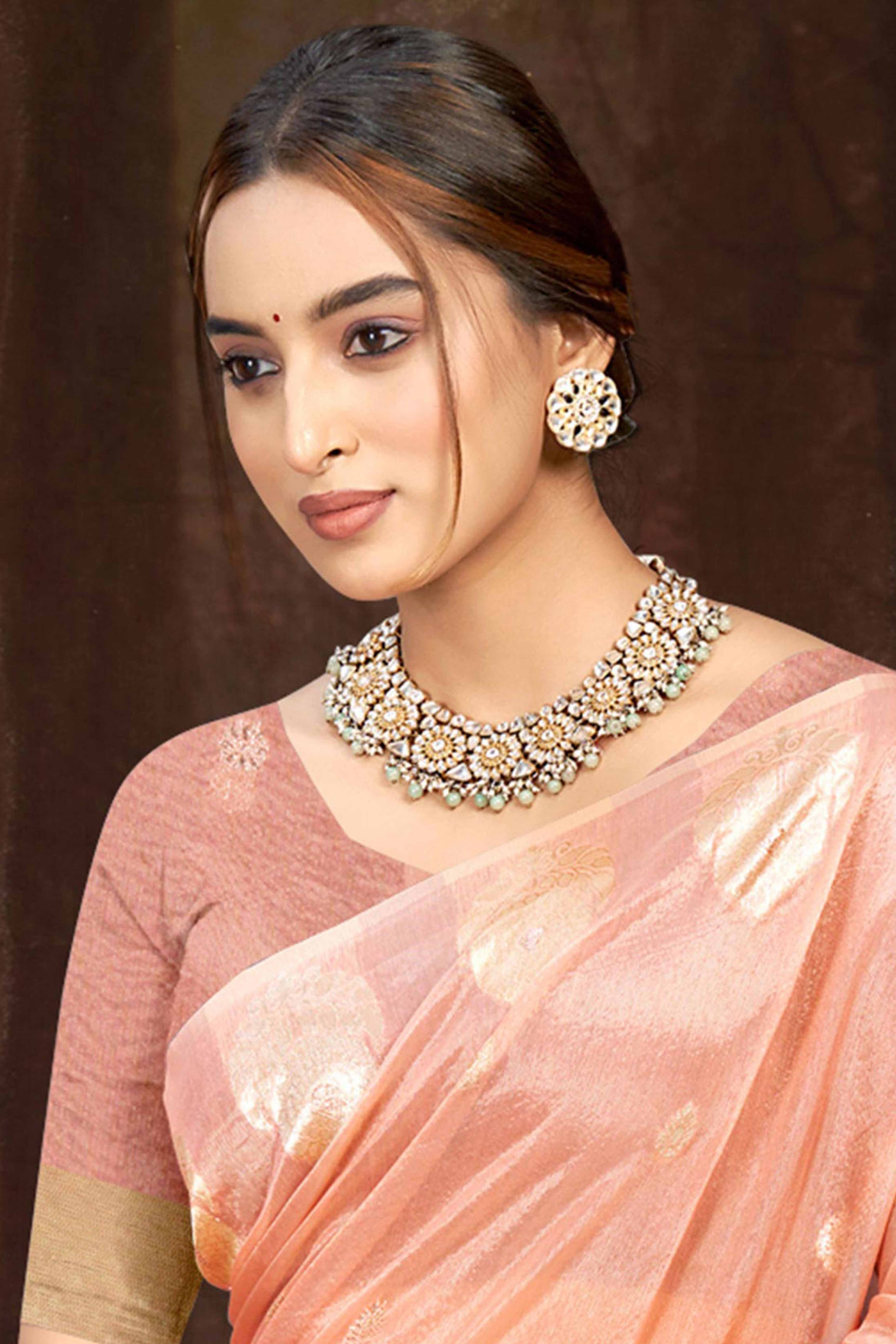 Peach Kota Doria Saree with Munga Weave and Zari Accents - Image 3