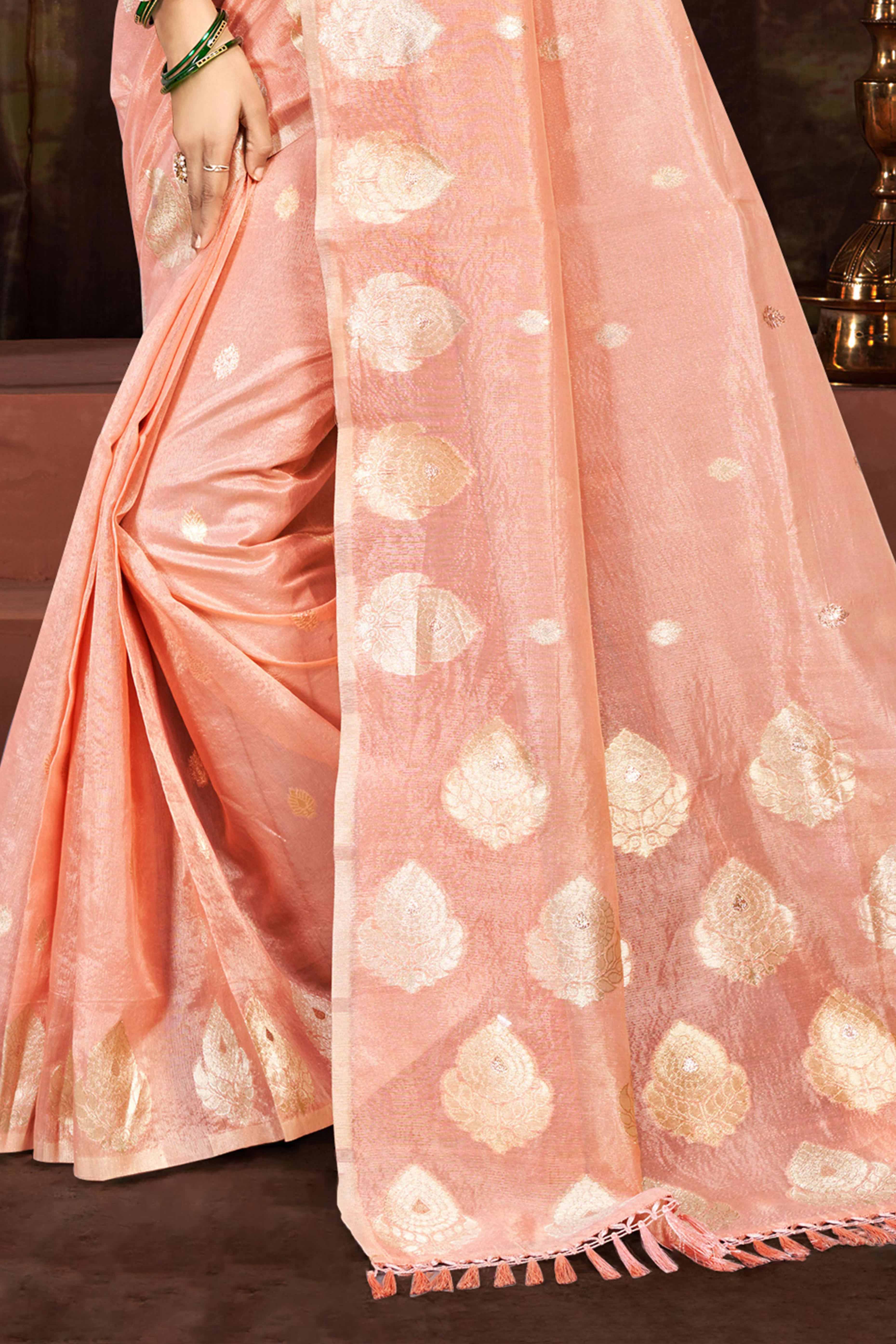 Peach Kota Doria Saree with Munga Weave and Zari Accents - Image 4