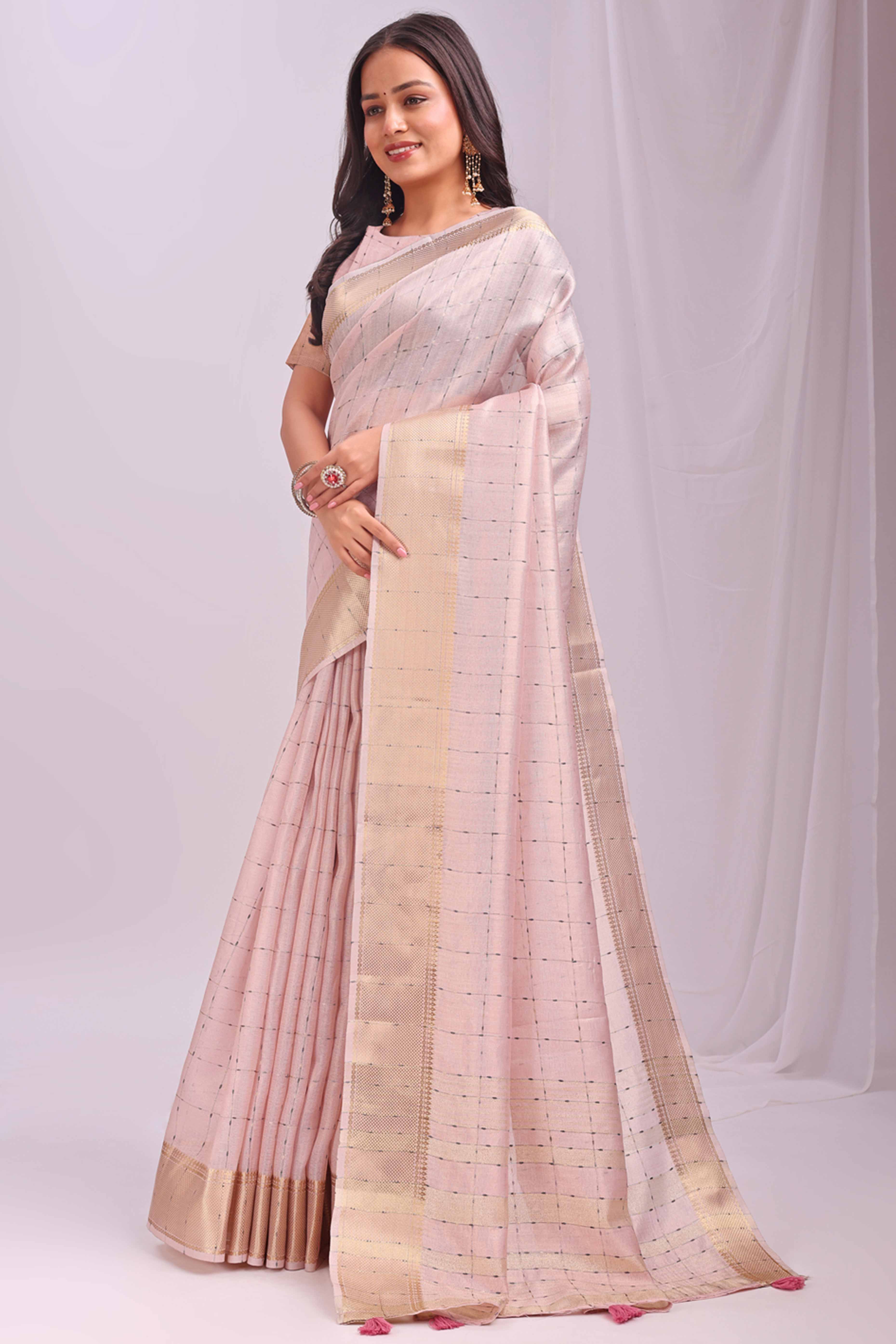 Peach Lightweight Organza Saree with Rich Zari Checks Pattern - Image 3