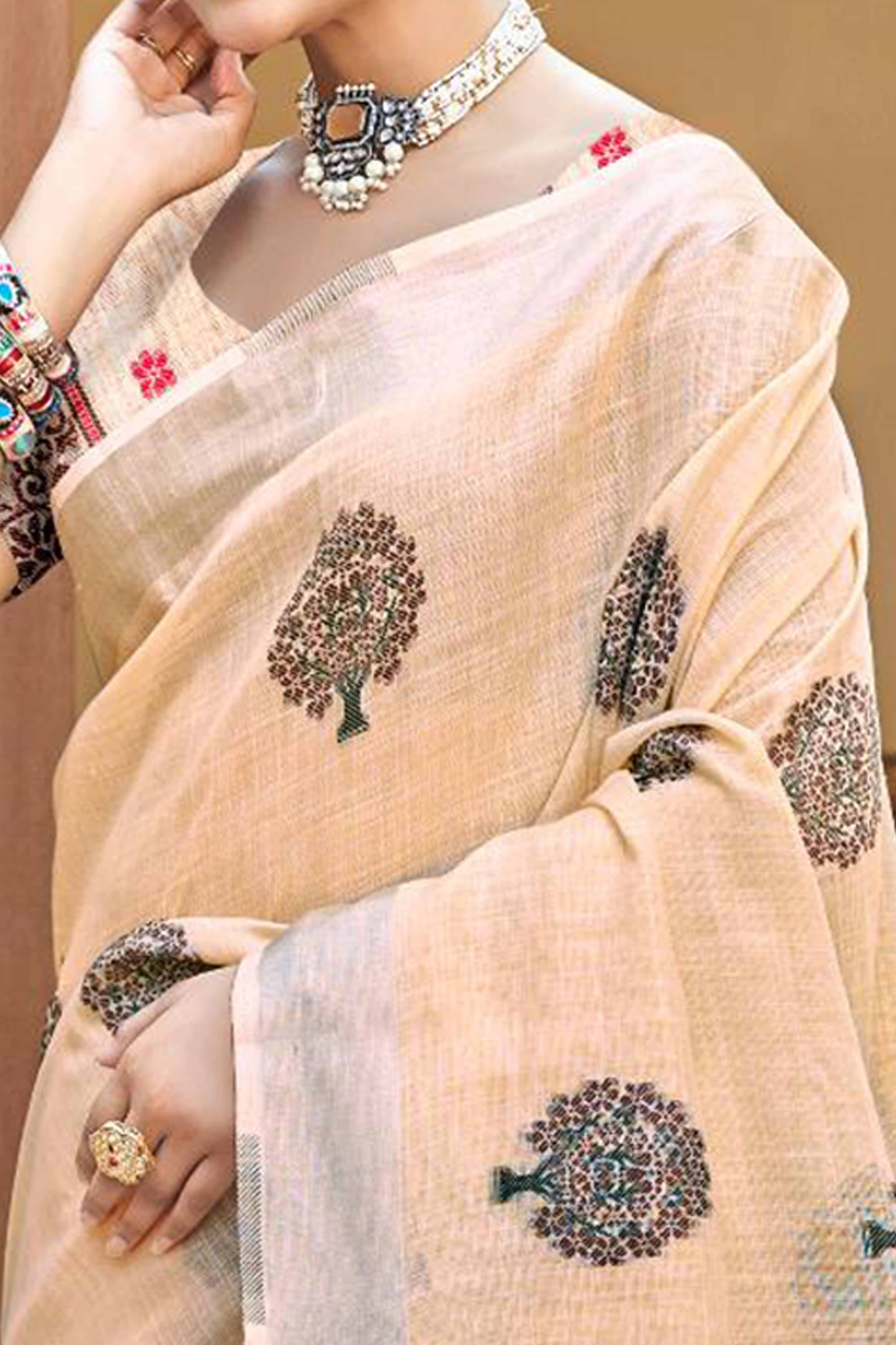 Peach Linen Saree Adorned With Intricate Zari Weaving & Tassel Pallu - Image 2