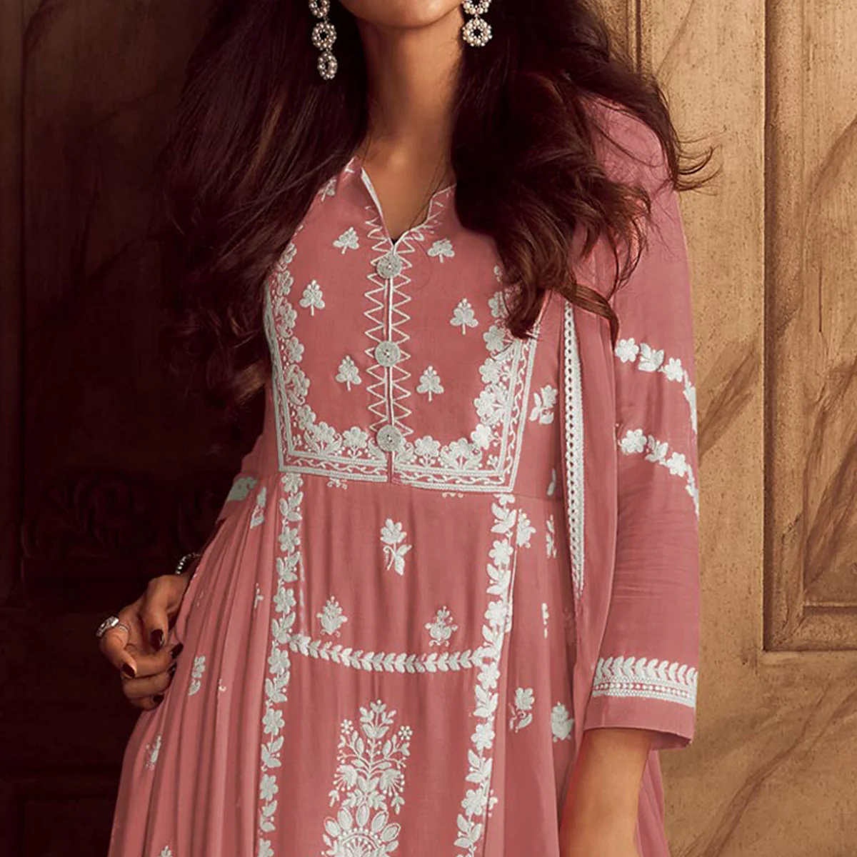 Peach Lucknowi Embroidered Rayon Palazzo Suit - Image 3