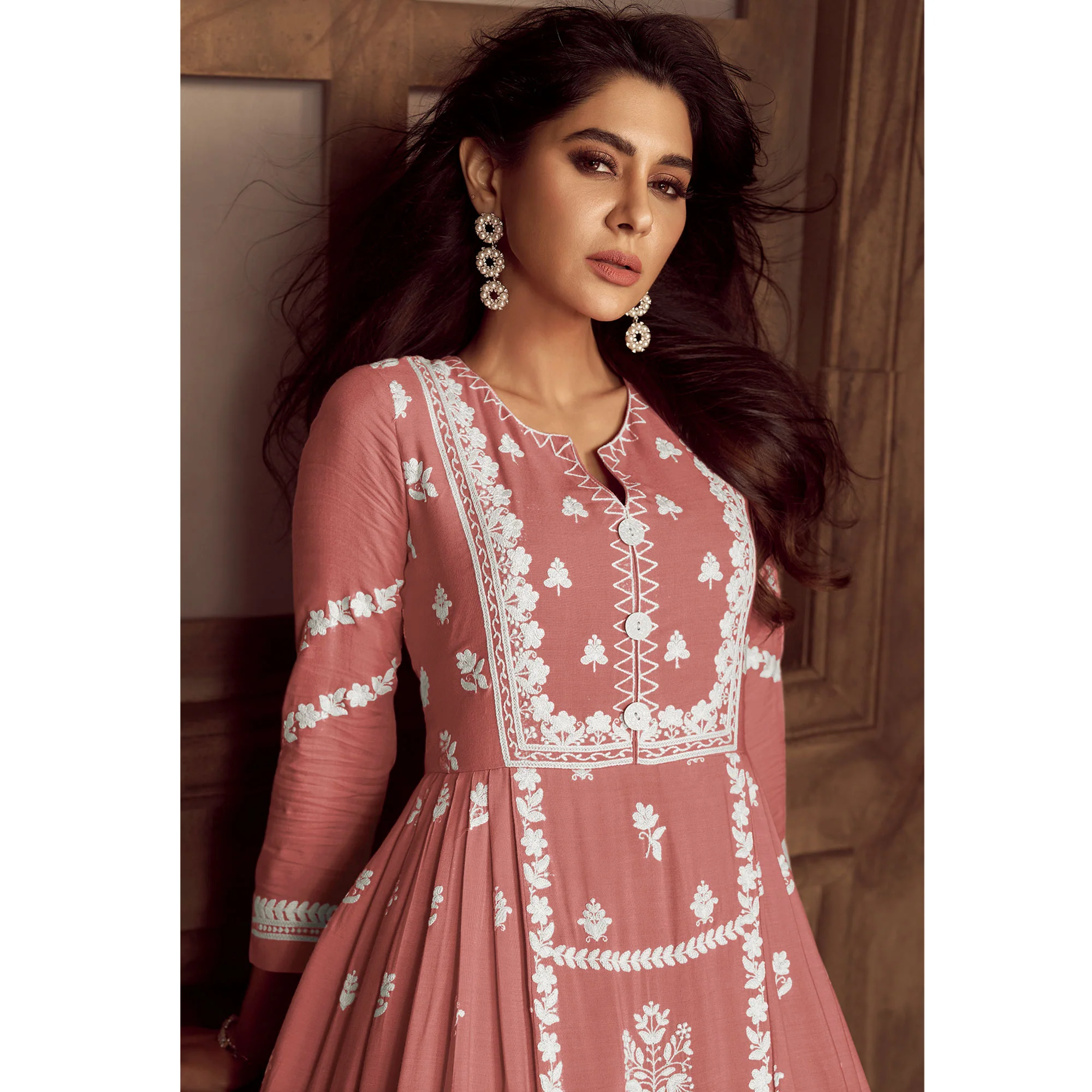 Peach Lucknowi Embroidered Rayon Palazzo Suit - Image 4