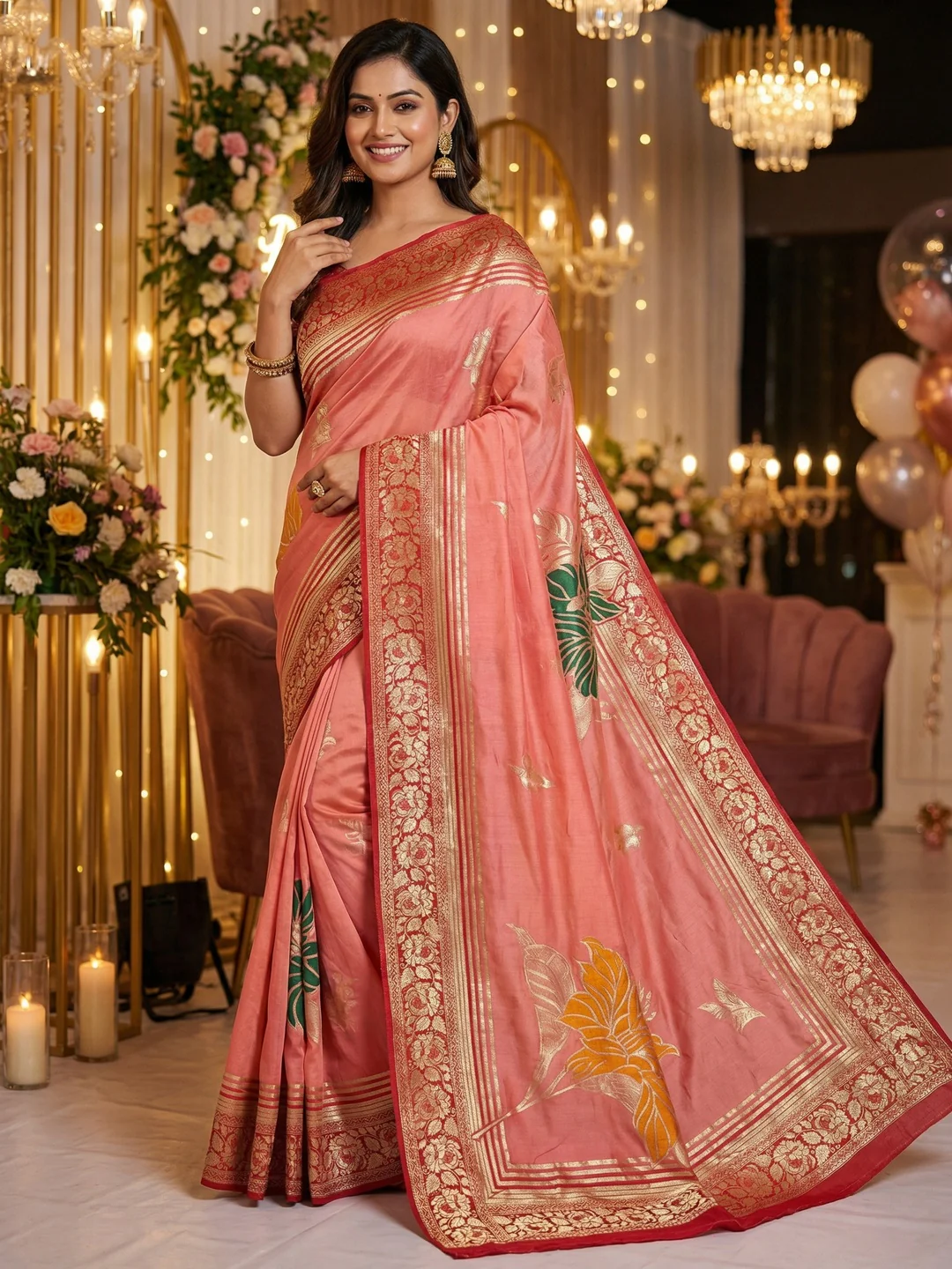Peach Muslin Saree with Floral Zari Weaving Work and Intricate Woven Detailing