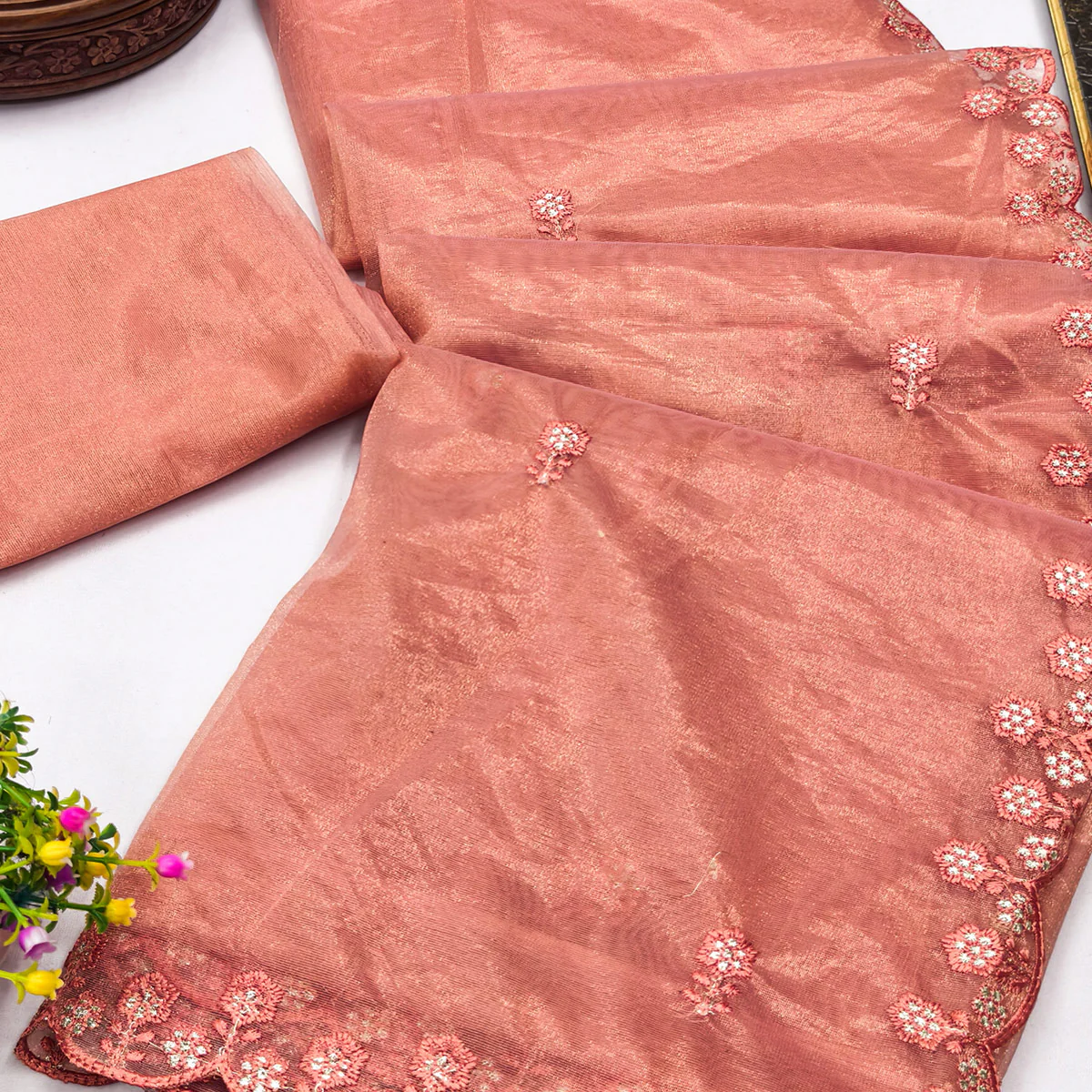 Peach Net Partywear Saree Featuring Fine Floral Embroidery and a Soft, Flowing Look - Image 2