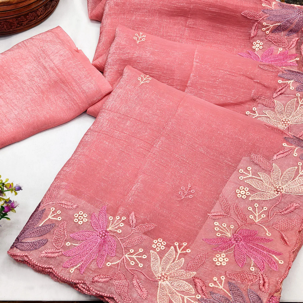Peach Organza Party Saree with Intricate Floral Embroidery - Image 2