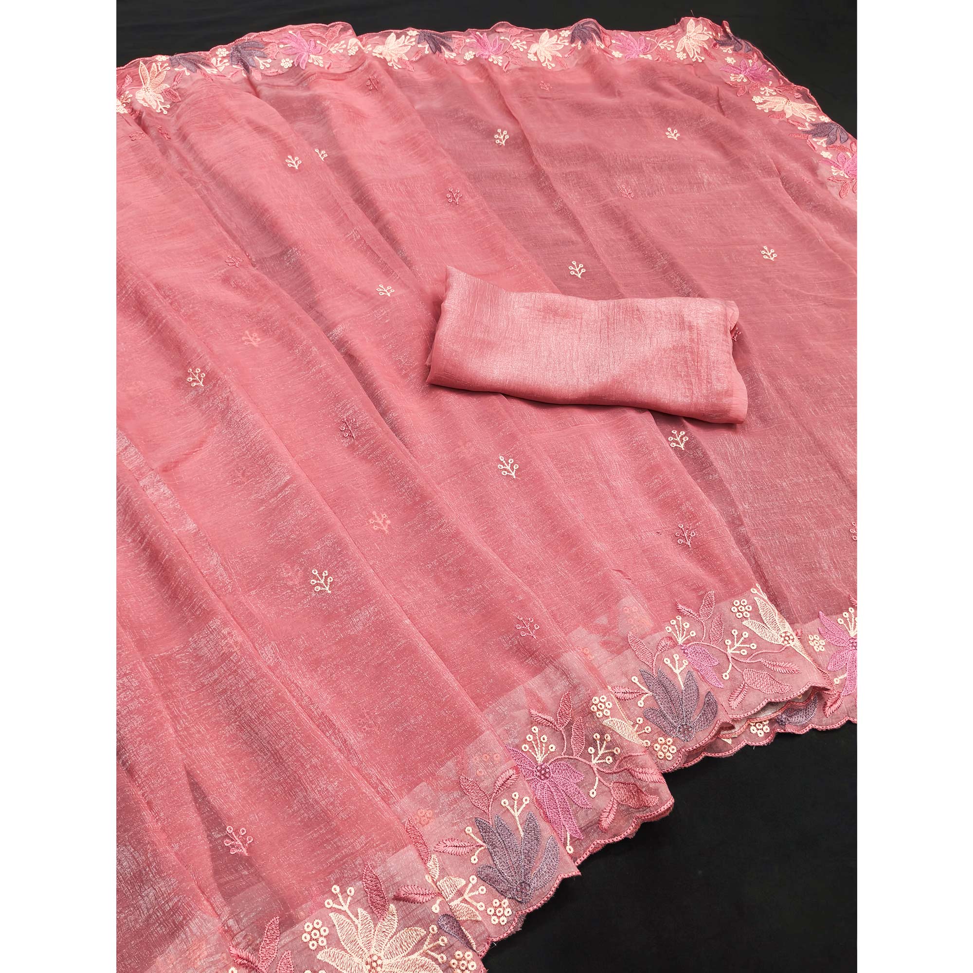Peach Organza Party Saree with Intricate Floral Embroidery - Image 3