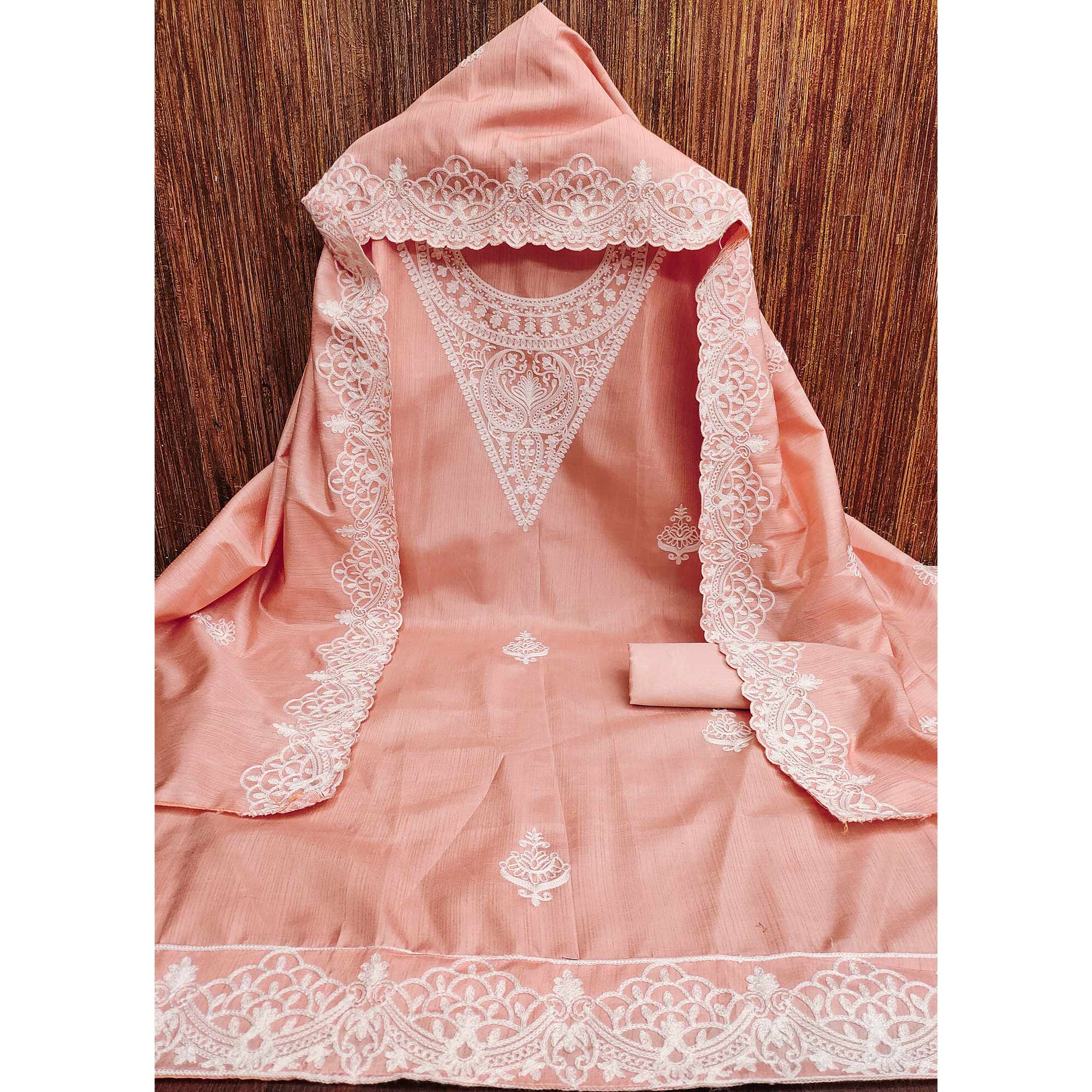 Peach Paisley Floral Embroidered Art Silk Dress Material - Image 4