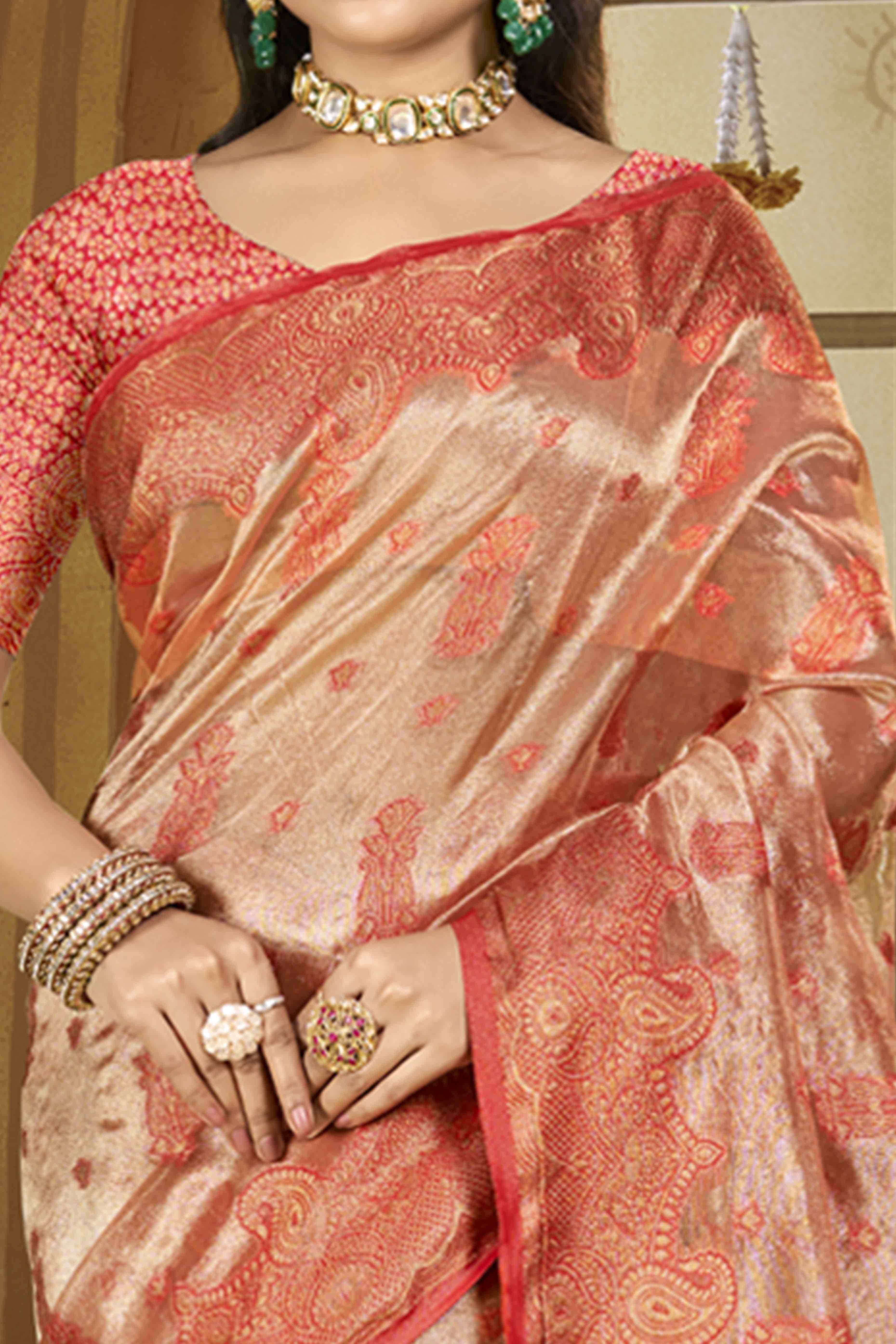 Peach Paisley Pattern Woven Organza Silk Saree - Image 2