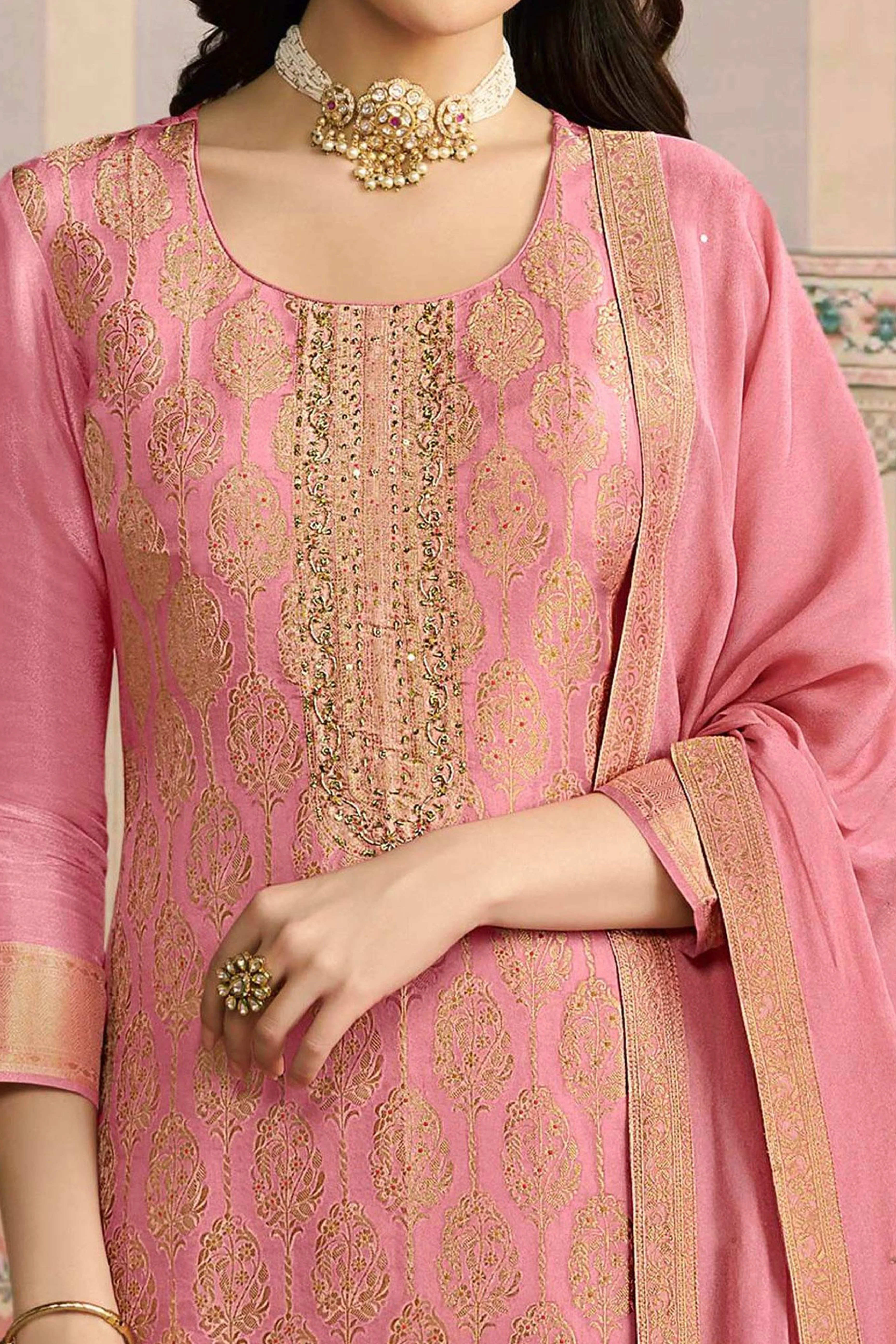 Peach Pakistani Embroidered Viscose Semi-Stitched Suit Material with Dupatta - Image 2