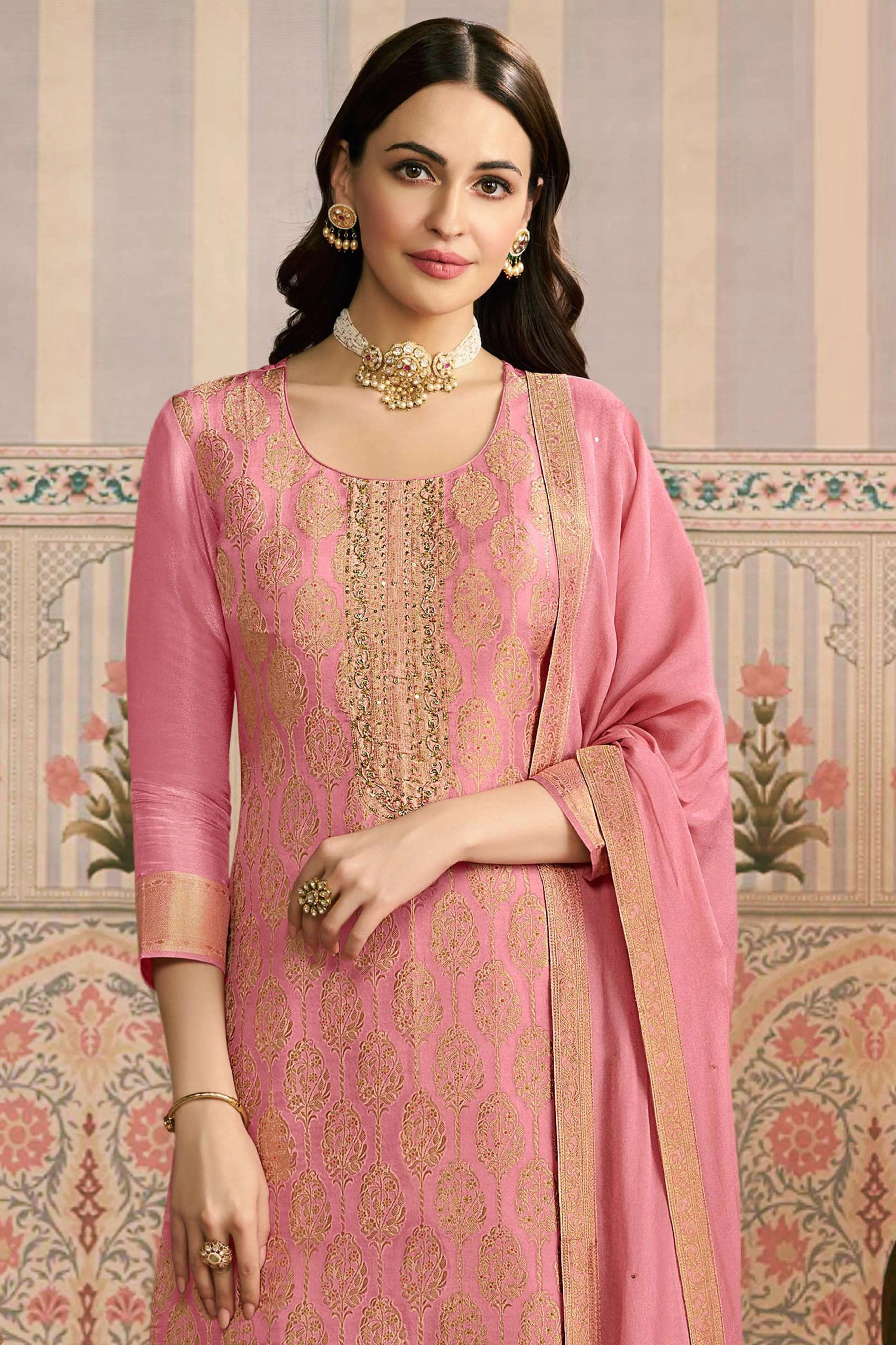 Peach Pakistani Embroidered Viscose Semi-Stitched Suit Material with Dupatta - Image 3