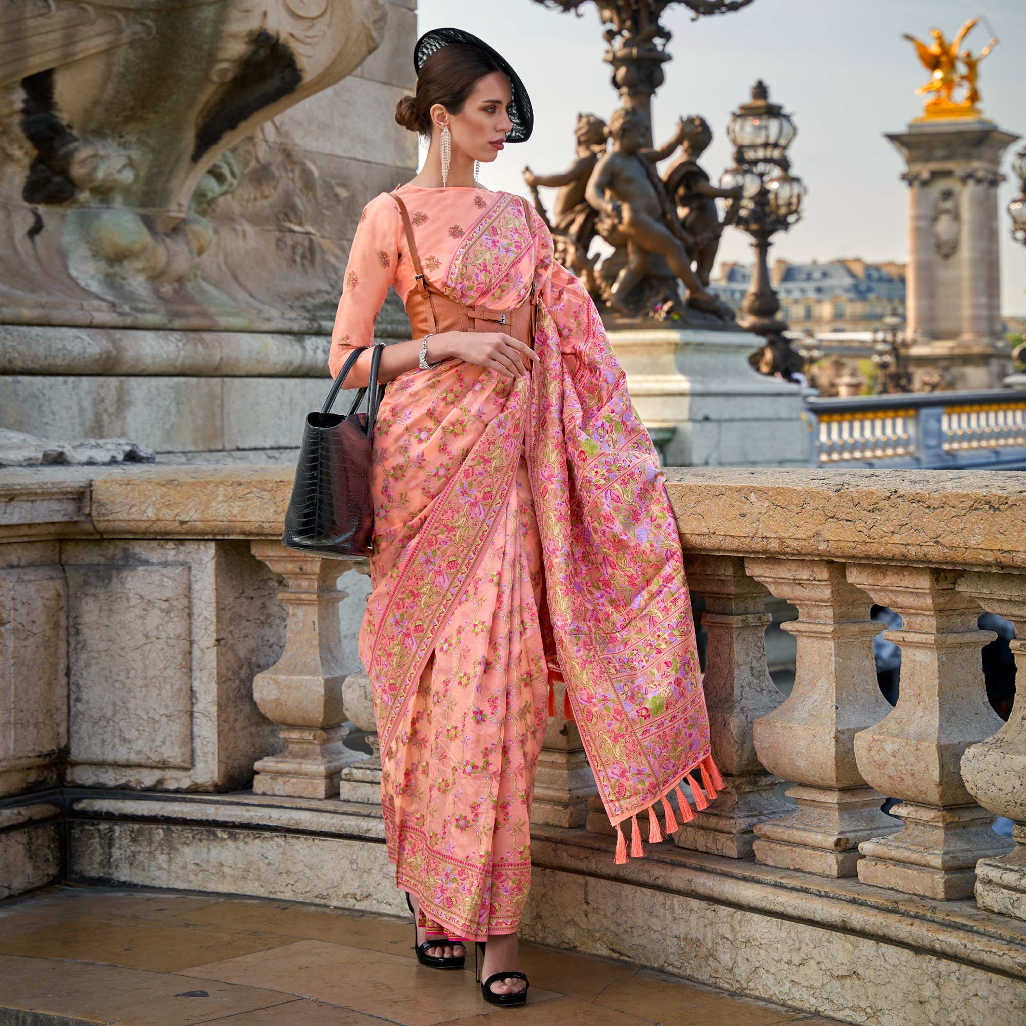 Peach Parsi Woven Organza Saree - Image 3