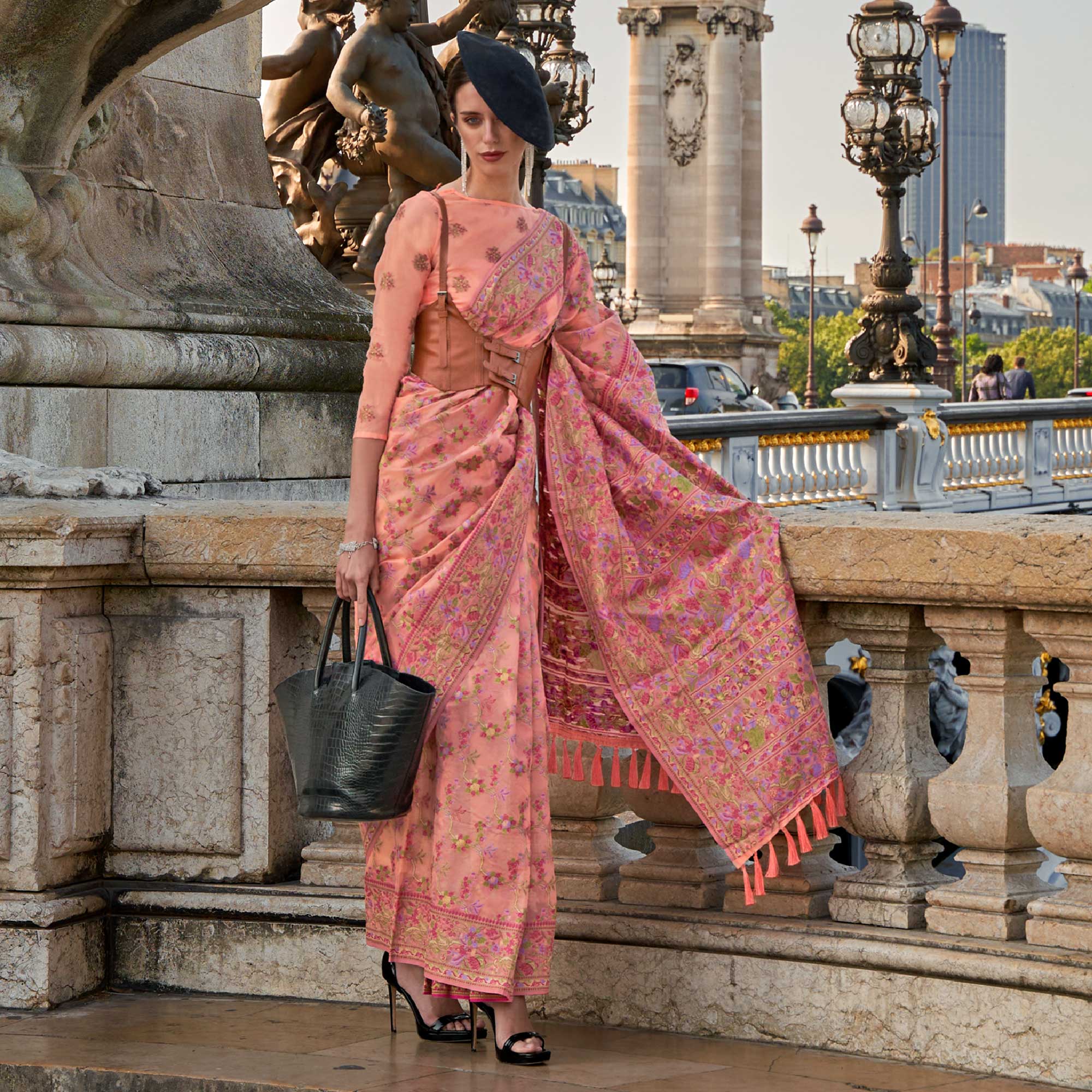 Peach Parsi Woven Organza Saree - Image 4
