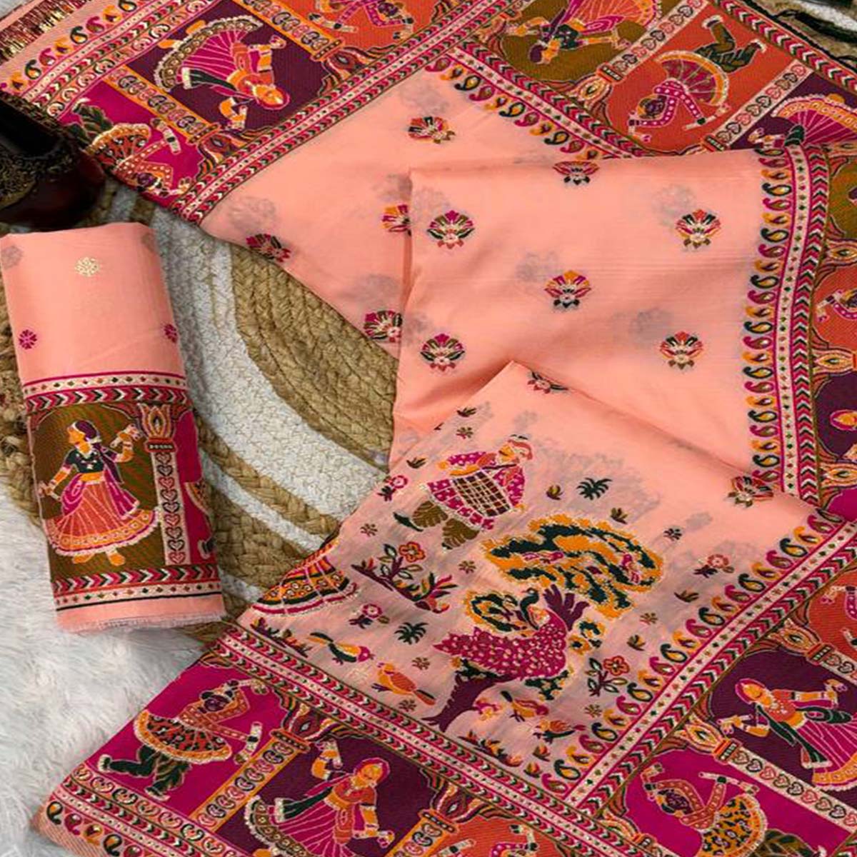 Peach Pashmina Silk Saree Enhanced with Intricate Rajwadi Zari Weaves for Festive Elegance - Image 2