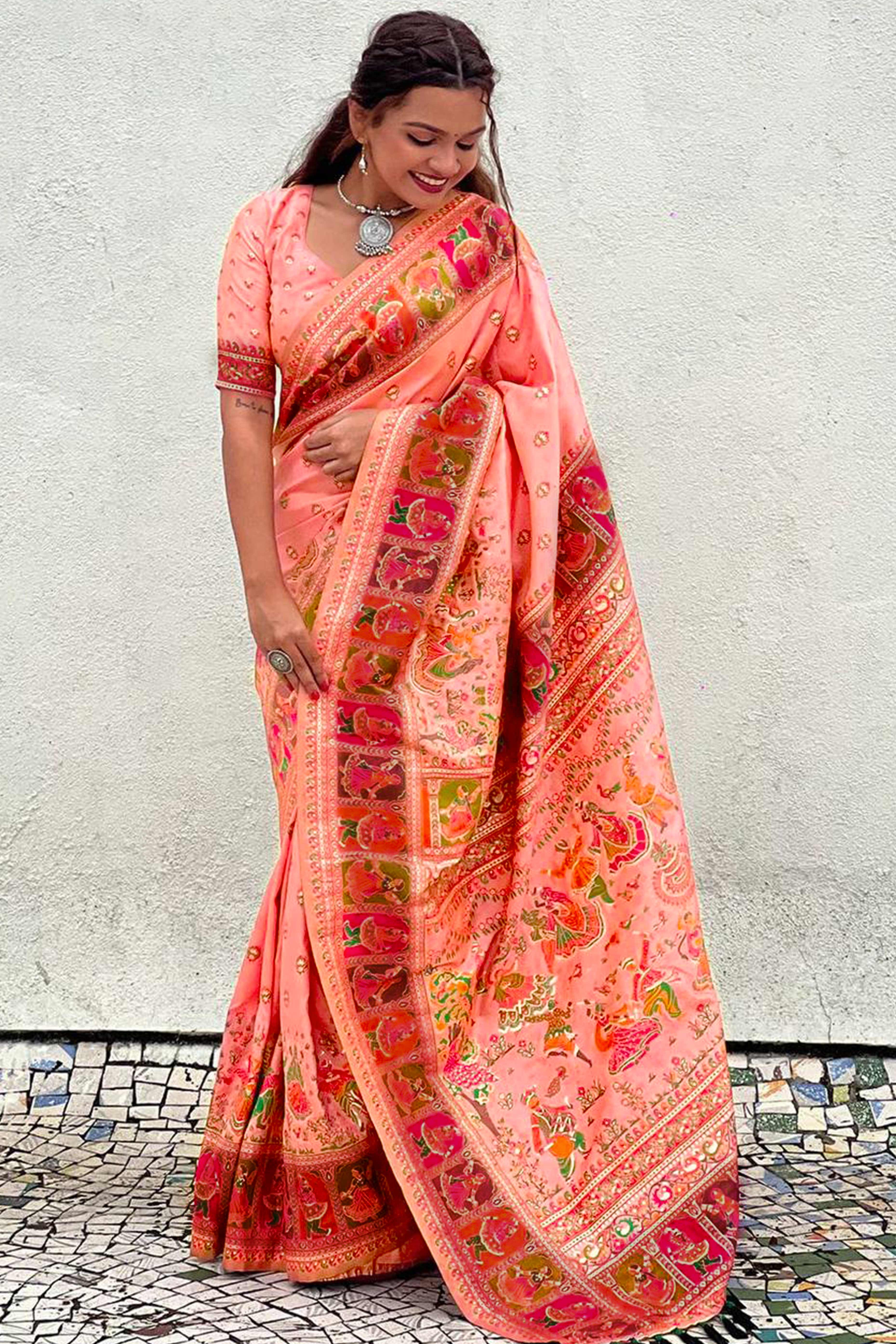 Peach Pashmina Silk Saree Enhanced with Intricate Rajwadi Zari Weaves for Festive Elegance - Image 4