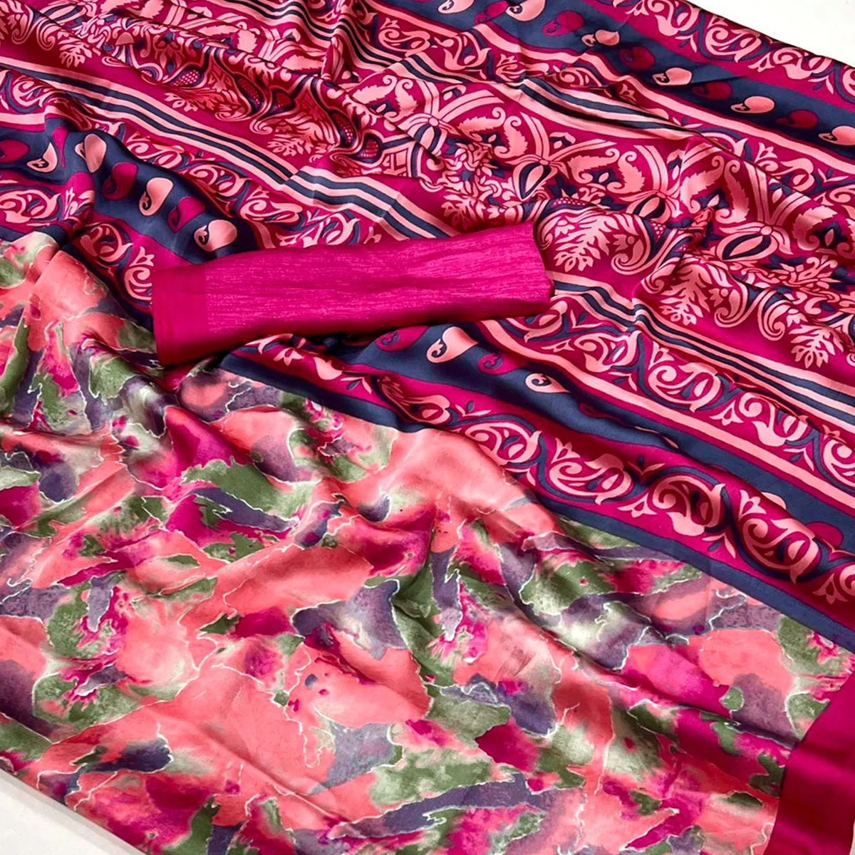 Peach & Pink Contemporary Printed Satin Saree - Image 2