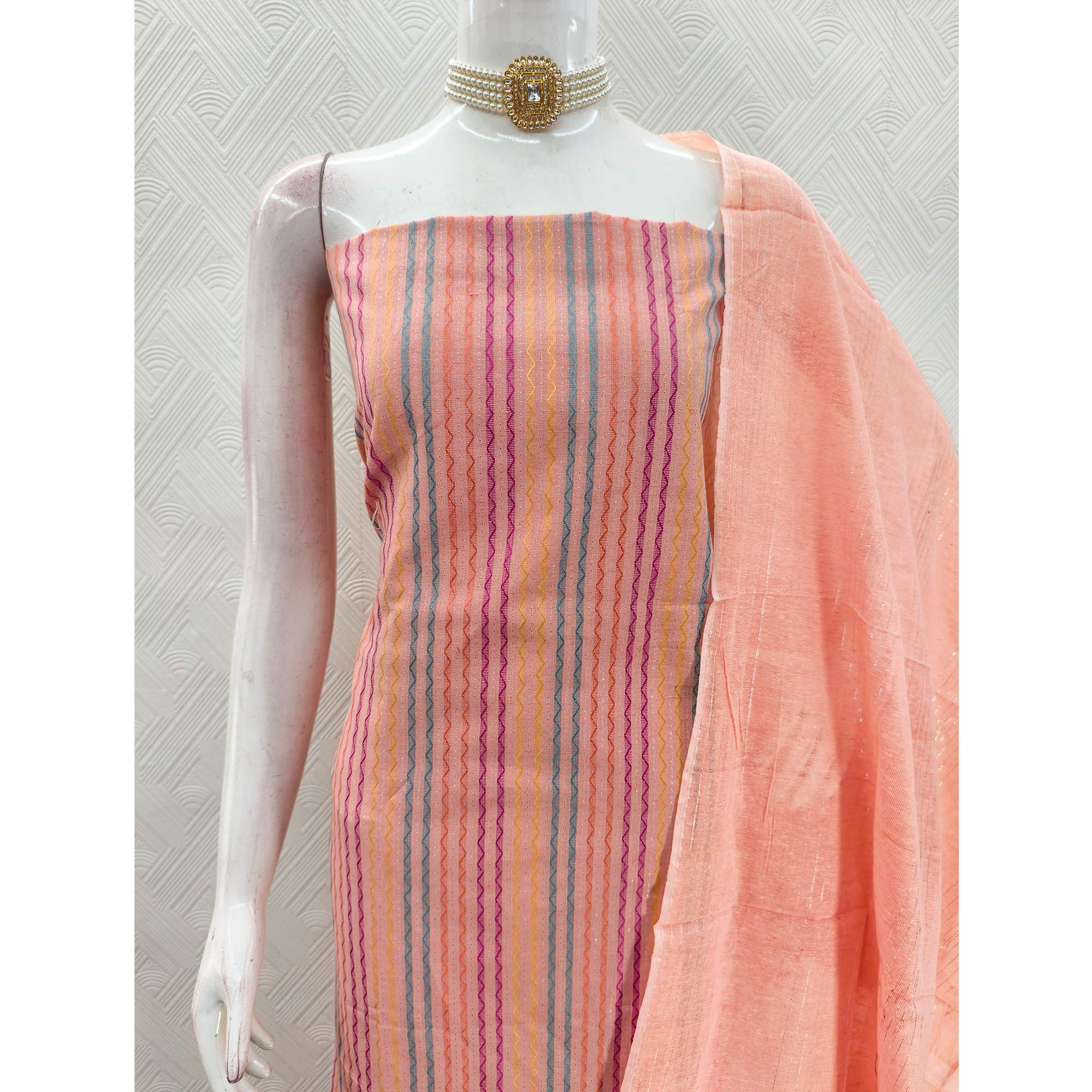 Peach Poly Cotton Blend  Dress Material Highlighted With Striped Woven Work - Image 6