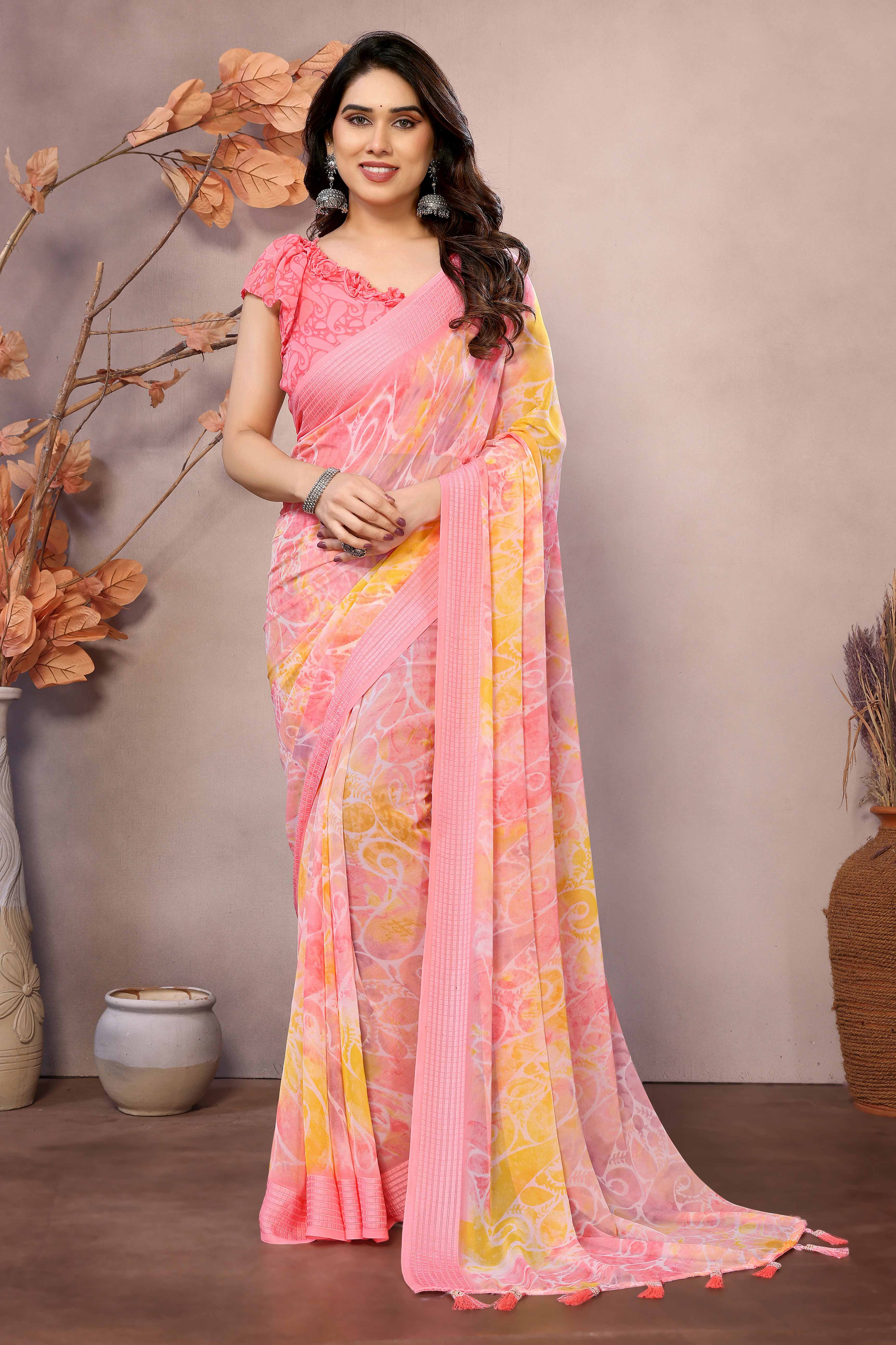 Peach Printed Georgette Saree Saree With Tassels - Image 3