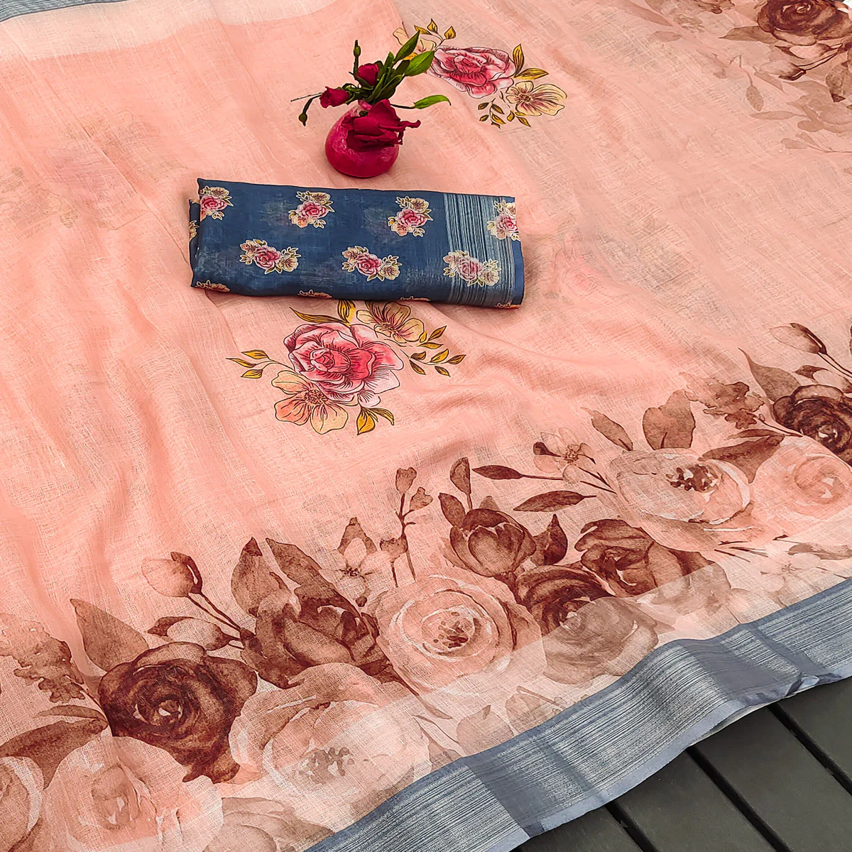 Peach Printed Linen Saree - Image 2