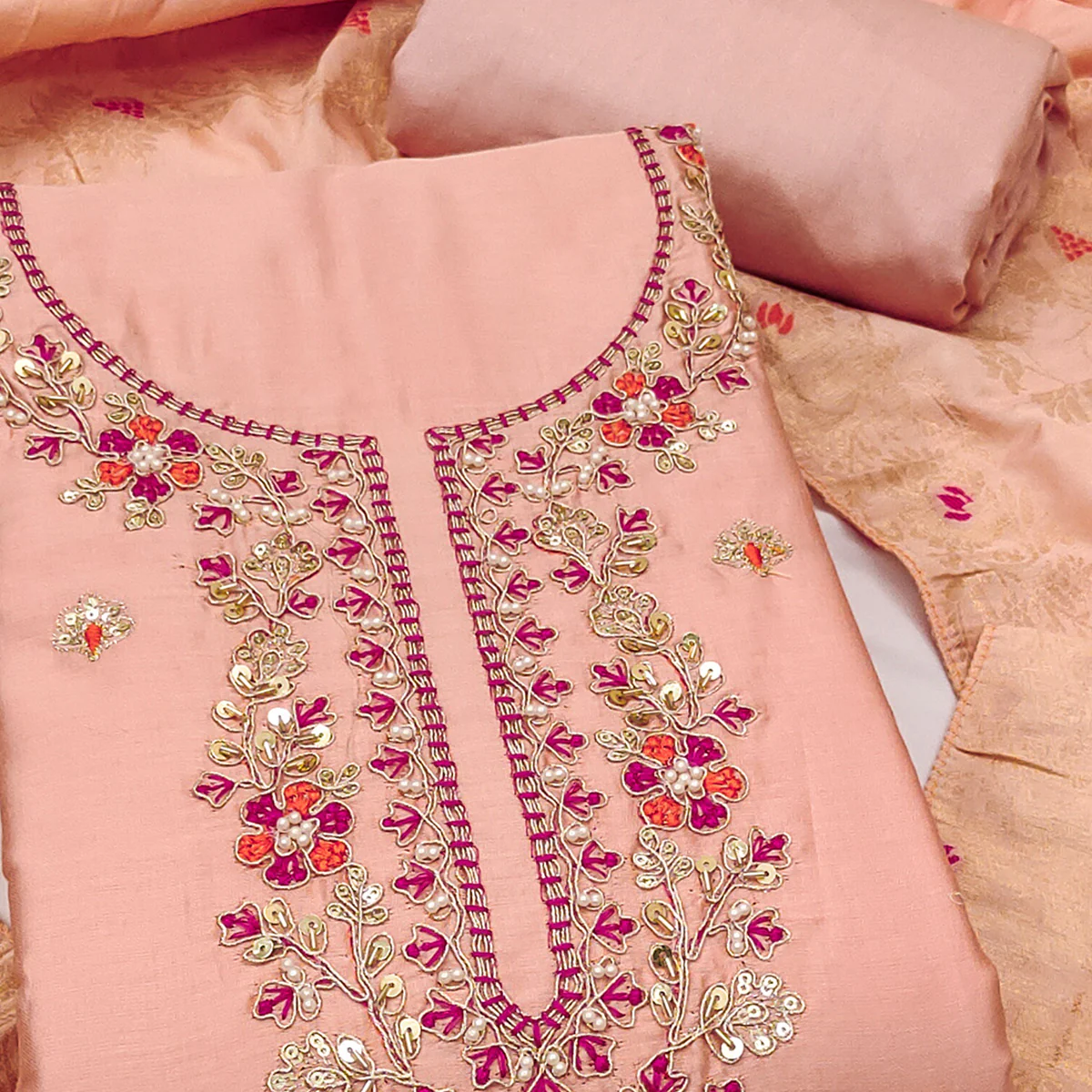 Peach Pure Cotton Dress Material Featuring Floral Sequins Cording Embroidery With Moti Handwork - Image 2