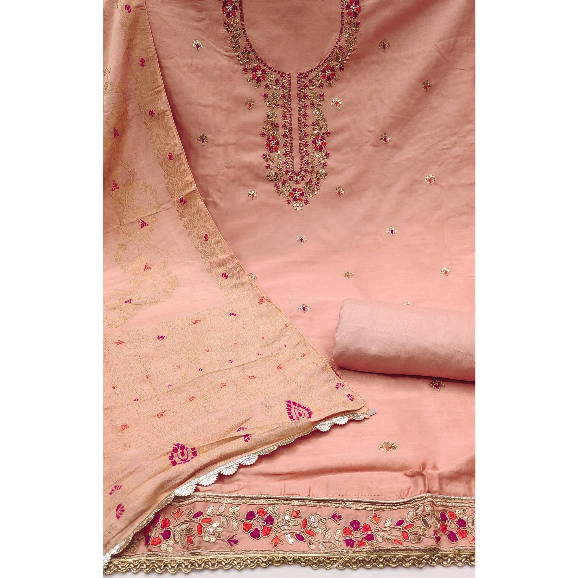 Peach Pure Cotton Dress Material Featuring Floral Sequins Cording Embroidery With Moti Handwork - Image 4