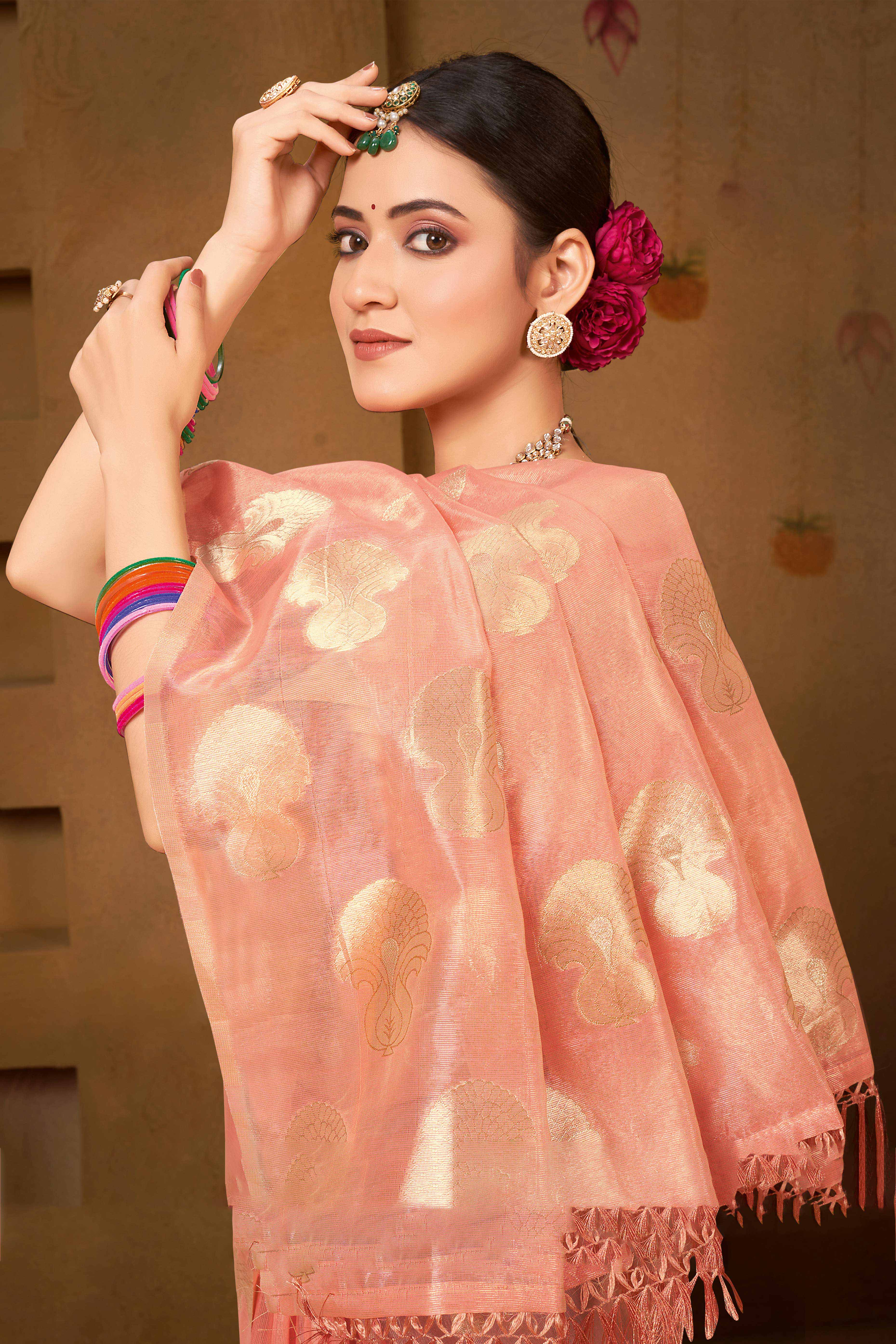 Peach Saree in Munga Kota Doria with Traditional Zari Weaving - Image 4