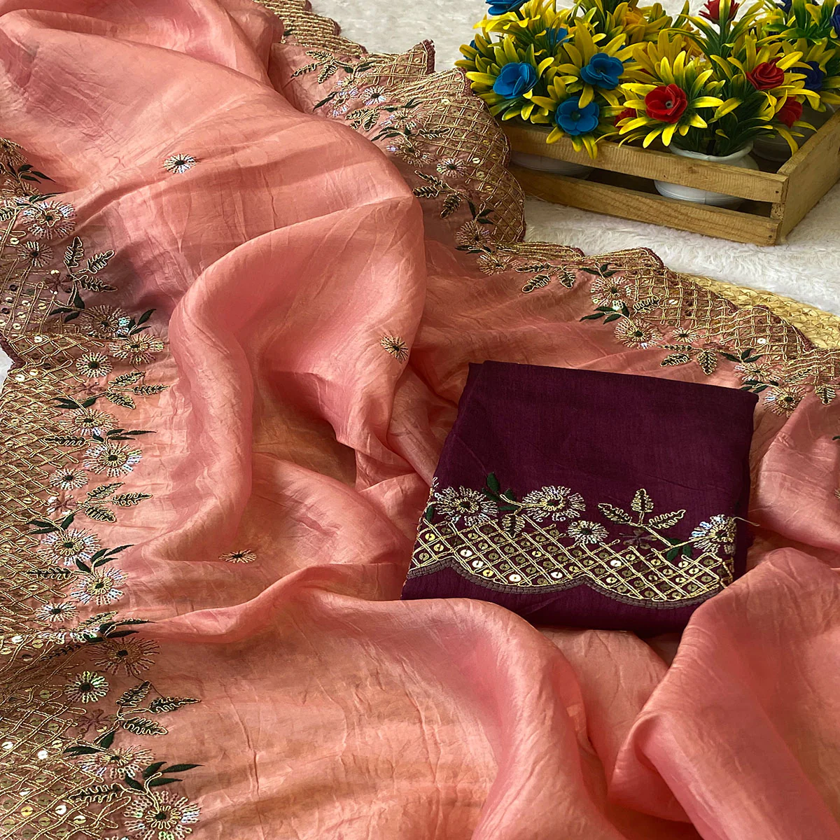 Peach Saree in Tissue Fabric with Feminine Floral Embroidery - Image 2