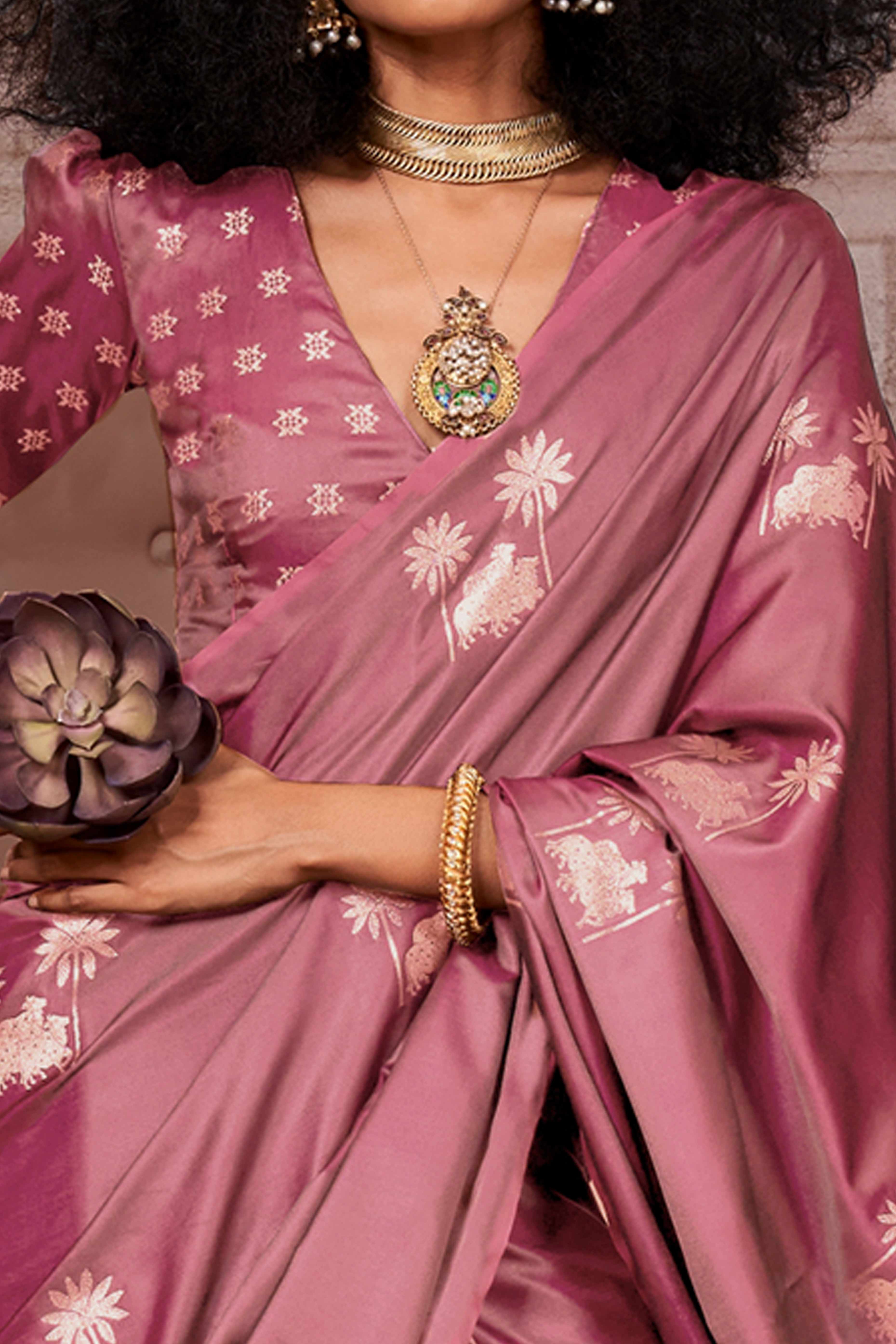 Peach Satin Silk Saree with Exquisite Floral Zari Weaving & Graceful Tassel Detailing - Image 2