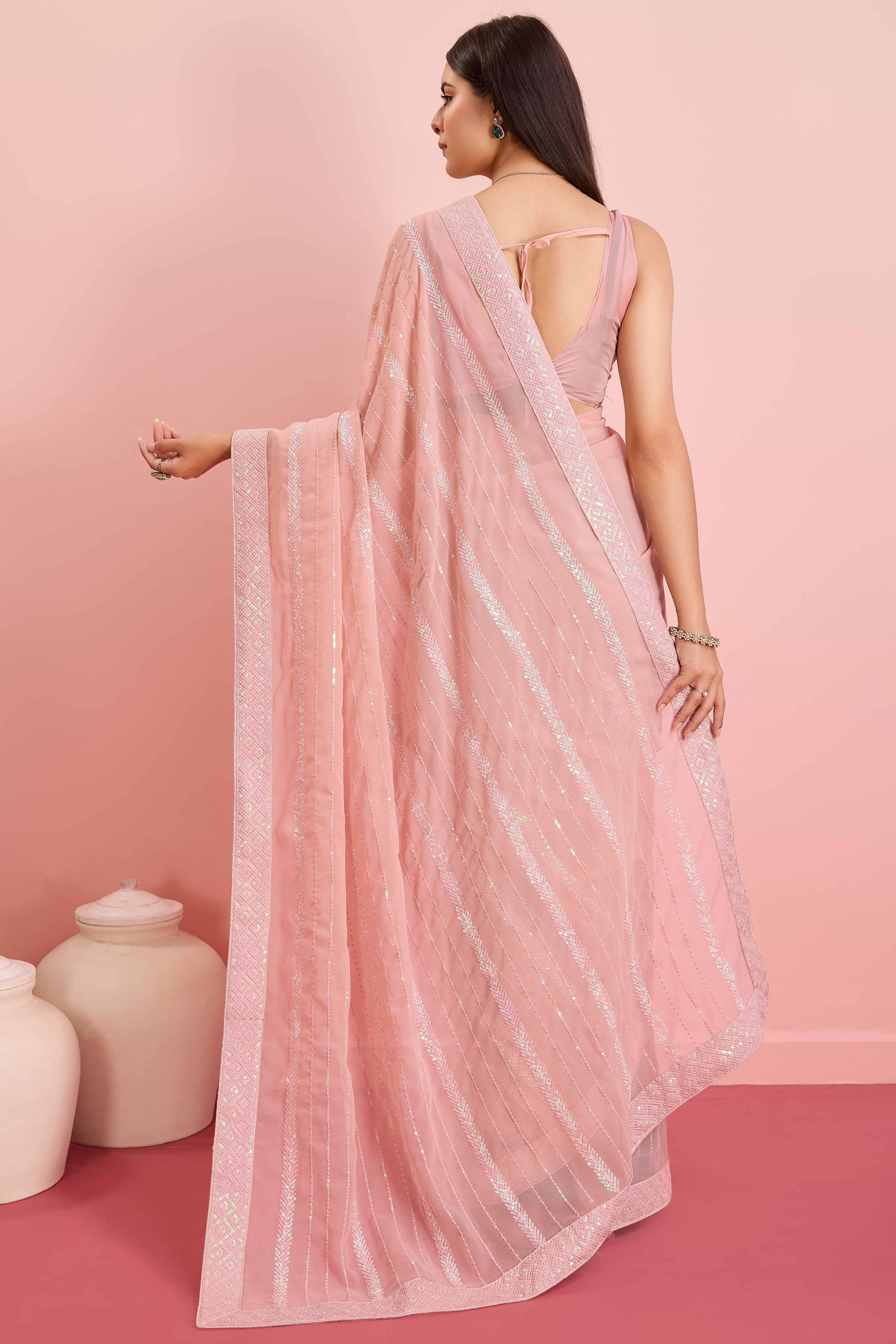 Peach Sequins Embroidered Georgette Saree - Image 5