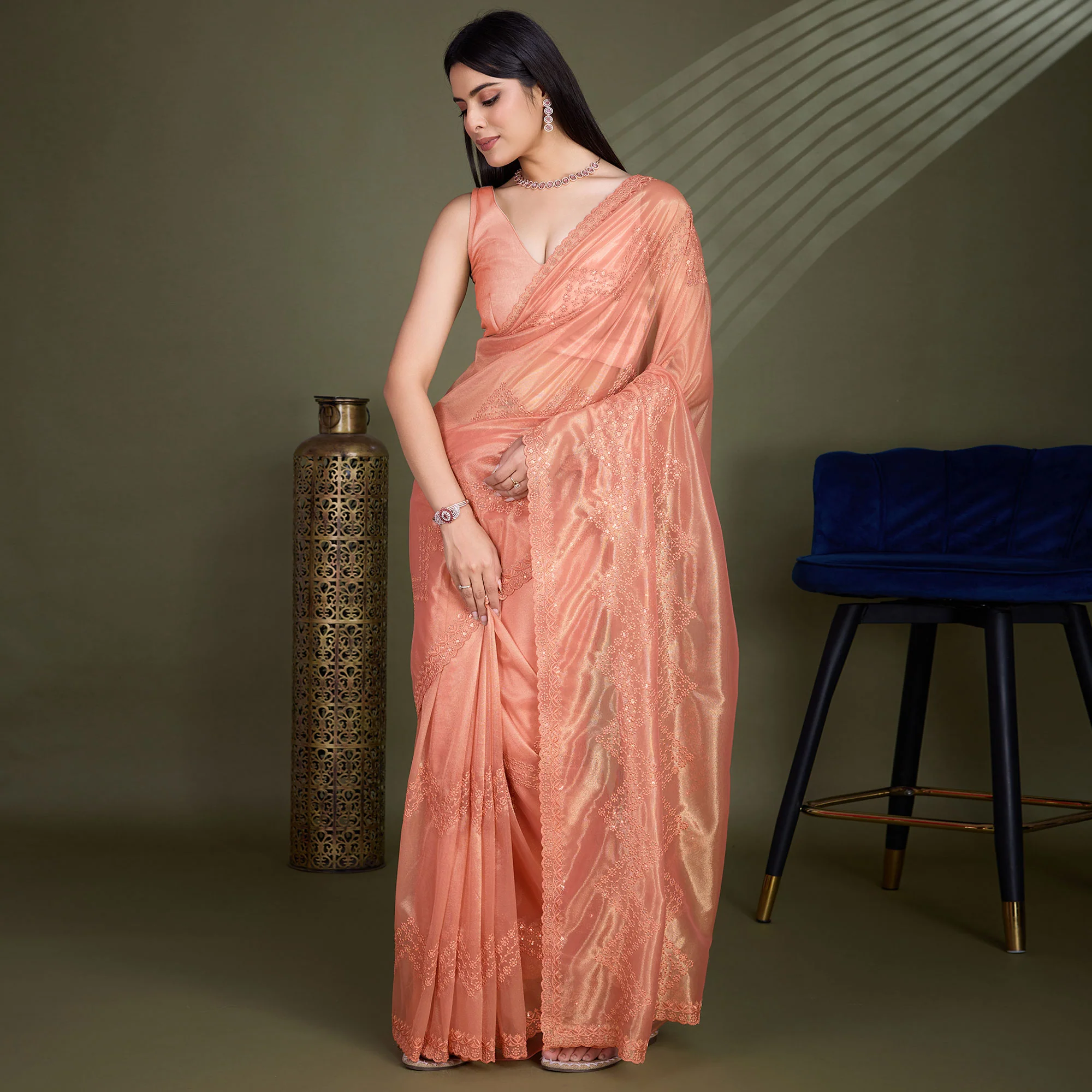 Peach Sequins Embroidered Shimmer Net Saree - Image 2