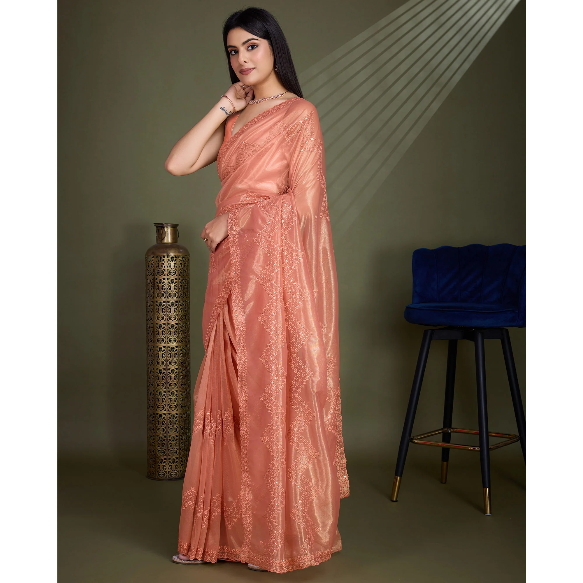 Peach Sequins Embroidered Shimmer Net Saree - Image 4