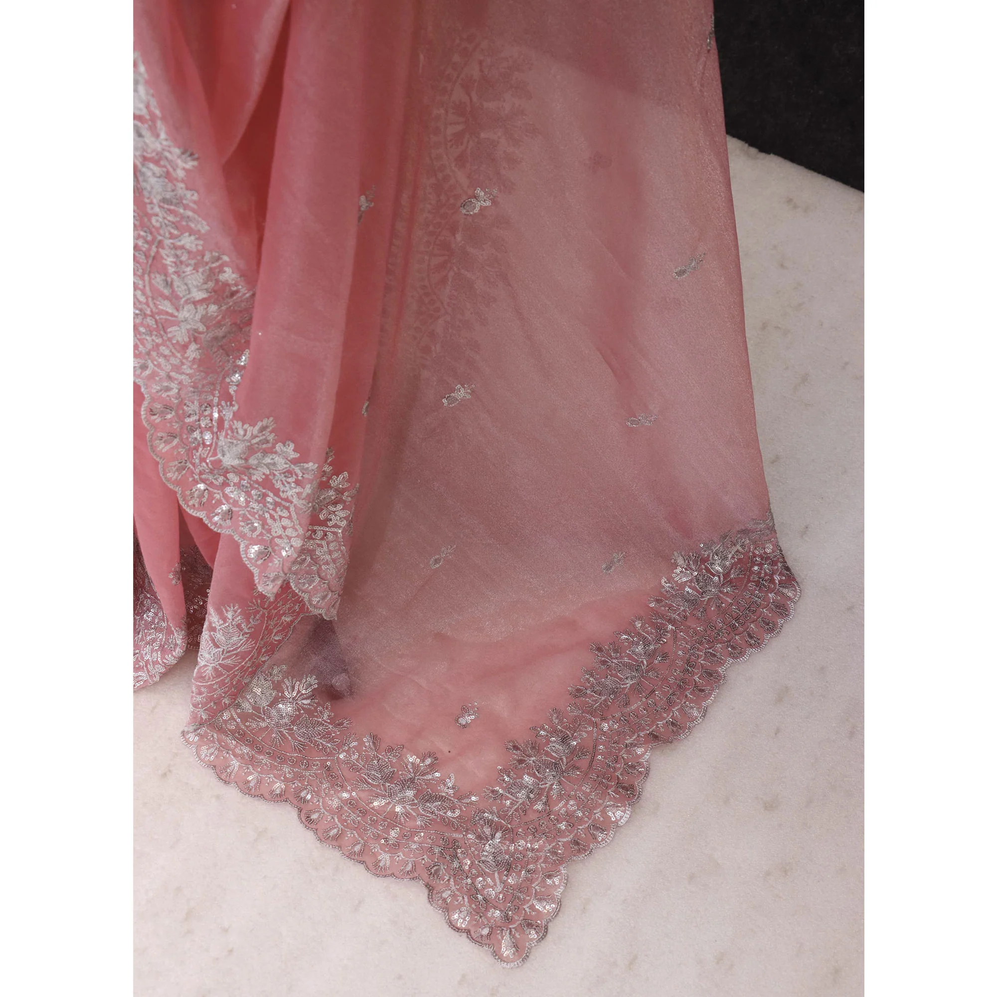 Peach Sequins Embroidered Twill Net Designer Embellished Saree - Image 6