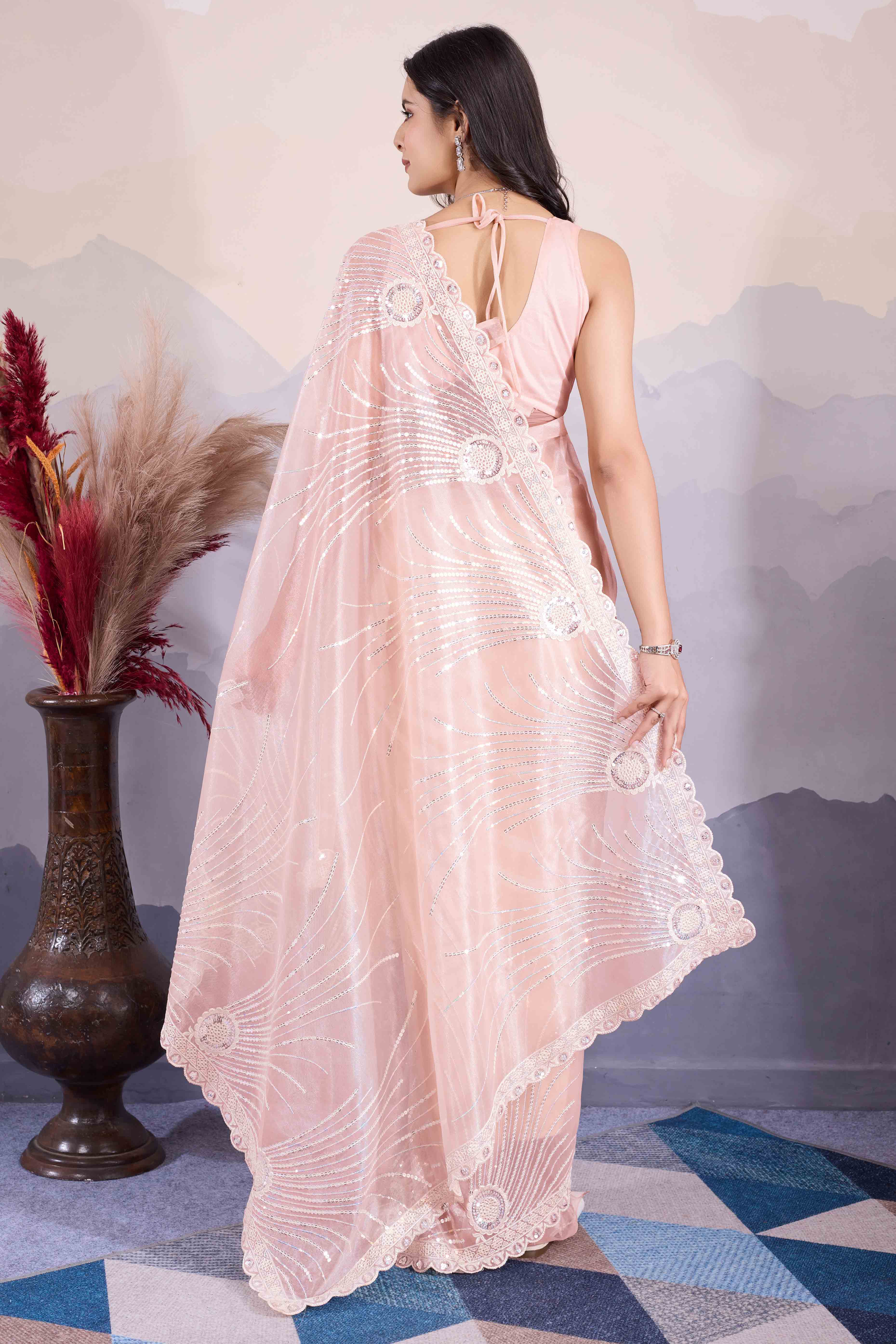 Peach Sequins Embroidered Twill Net Saree - Image 3