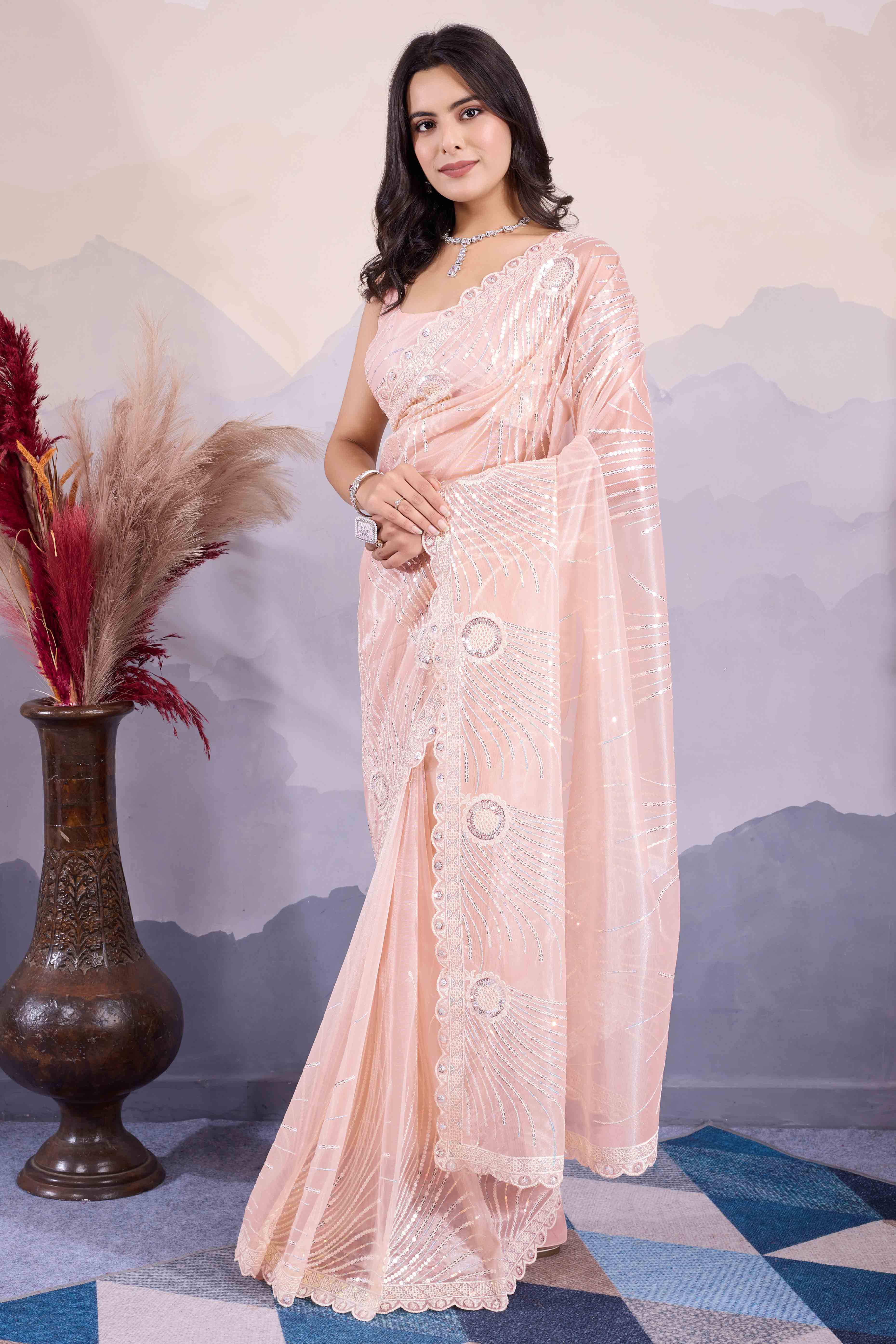 Peach Sequins Embroidered Twill Net Saree - Image 4