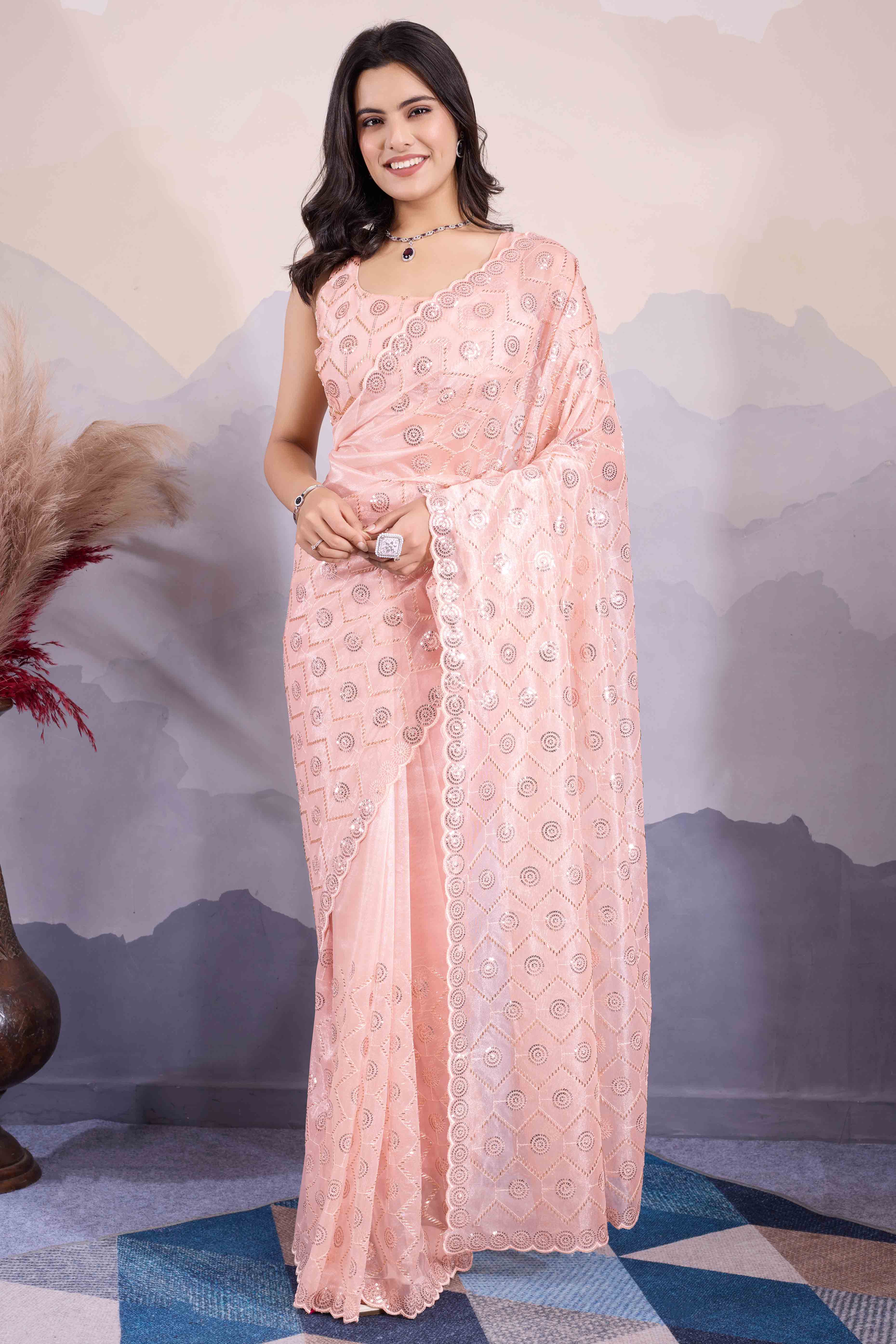 Peach Sequins Embroidered Twill Net Saree - Image 3