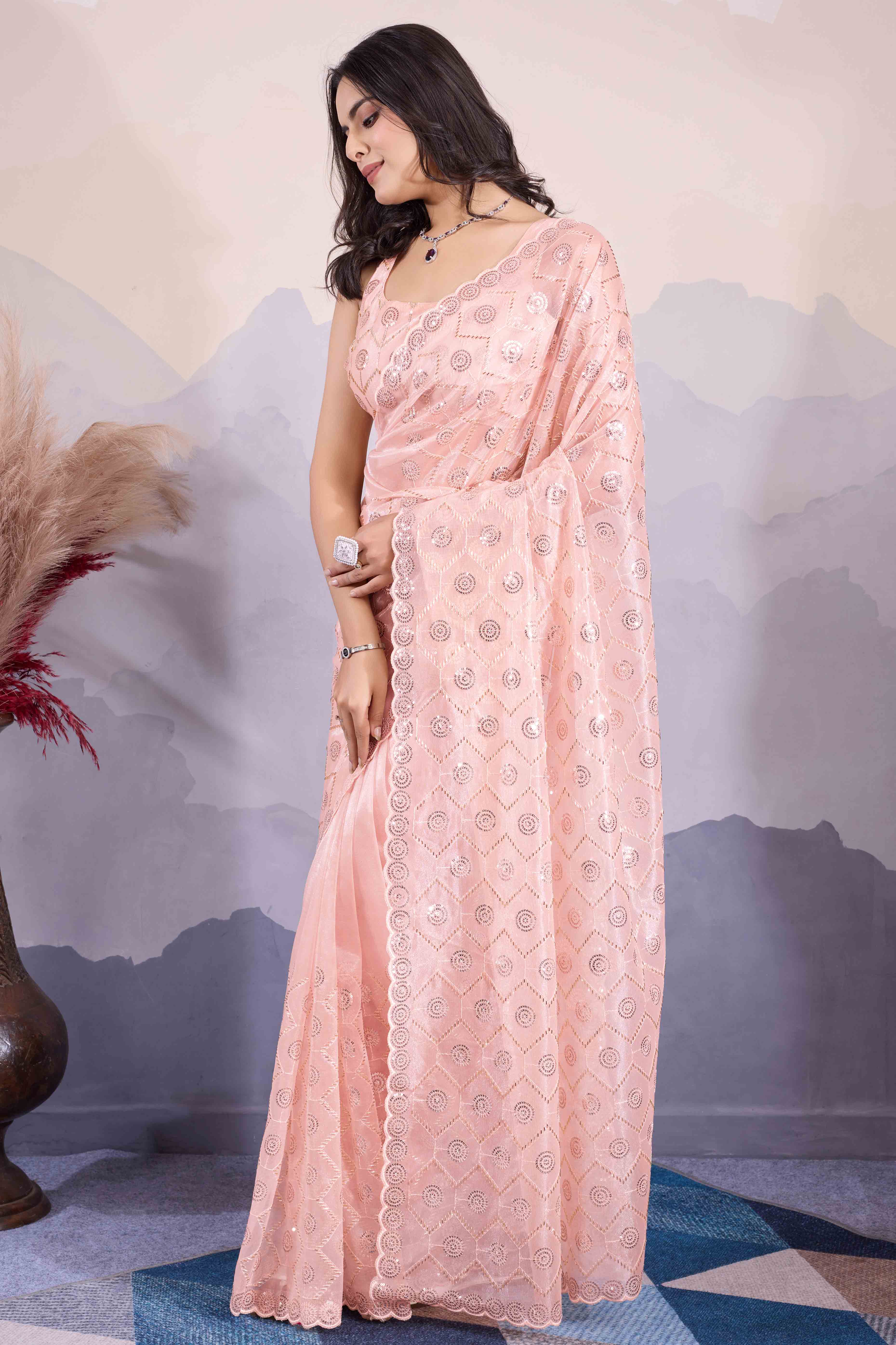 Peach Sequins Embroidered Twill Net Saree - Image 4