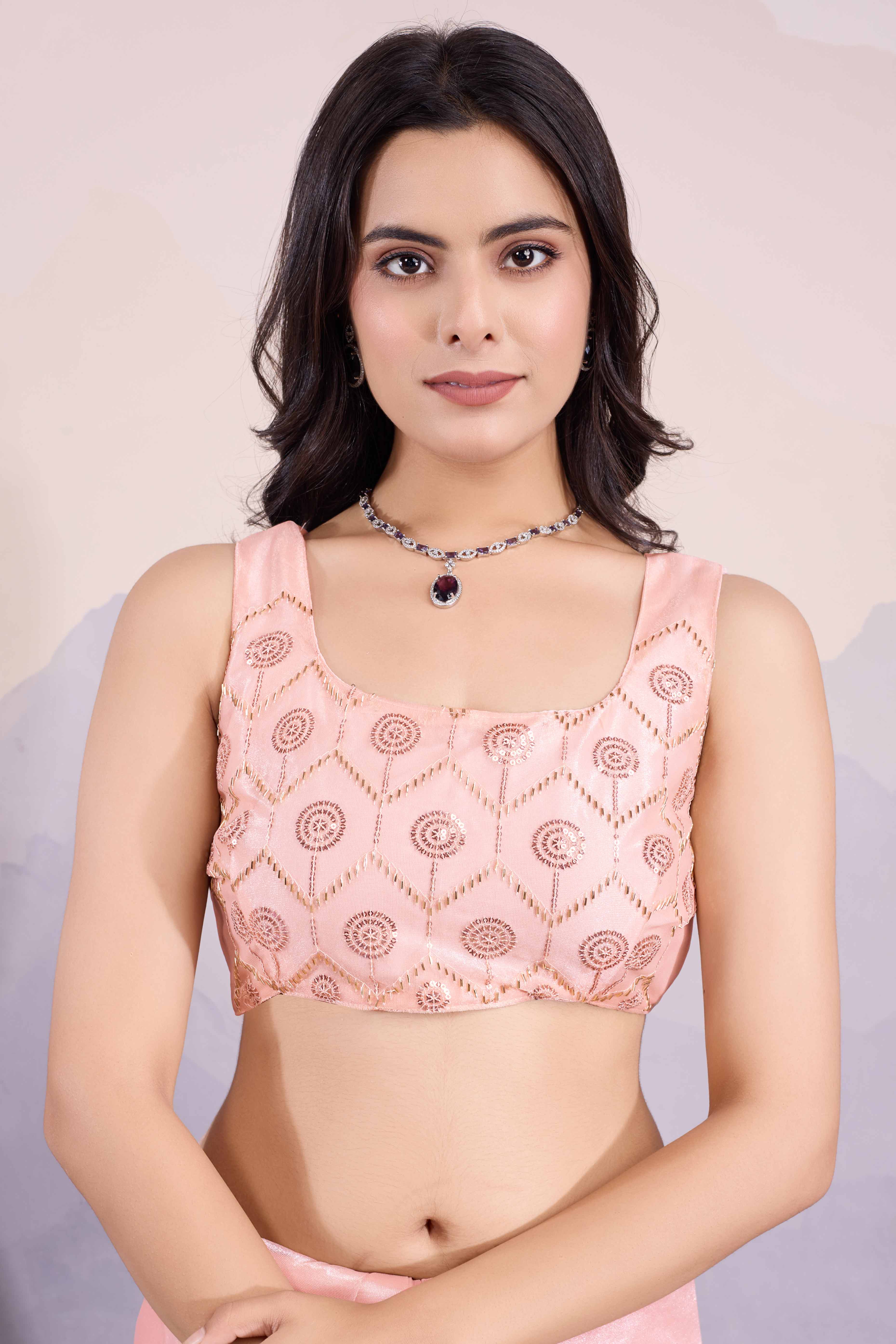 Peach Sequins Embroidered Twill Net Saree - Image 7