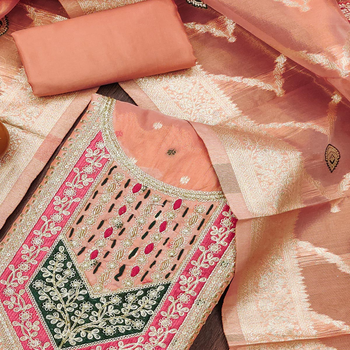Peach Sequins Embroidered With Woven Chanderi Silk Dress Material - Image 2