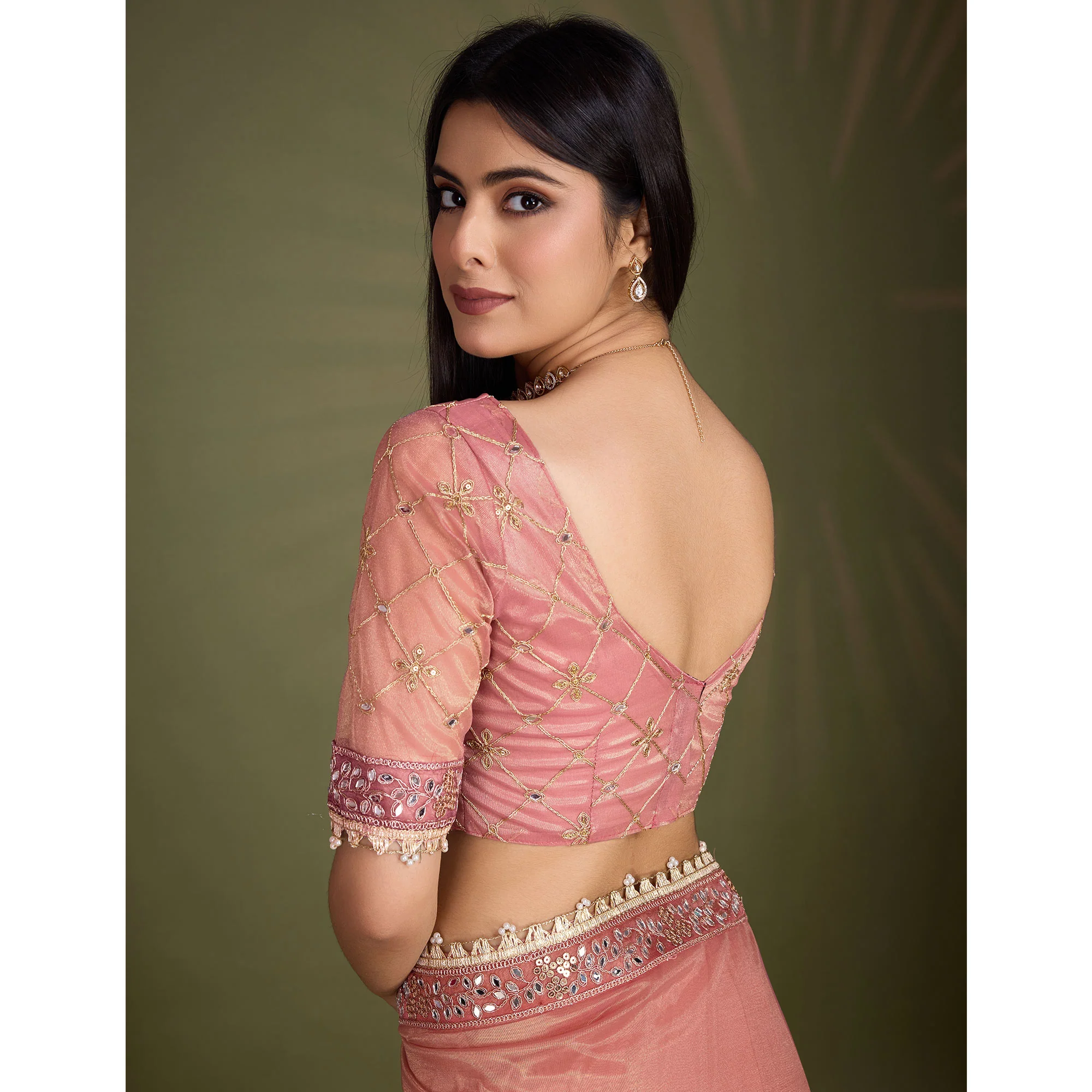 Peach Sequins Embroidery With Mirror Handwork Twill Net Saree - Image 10