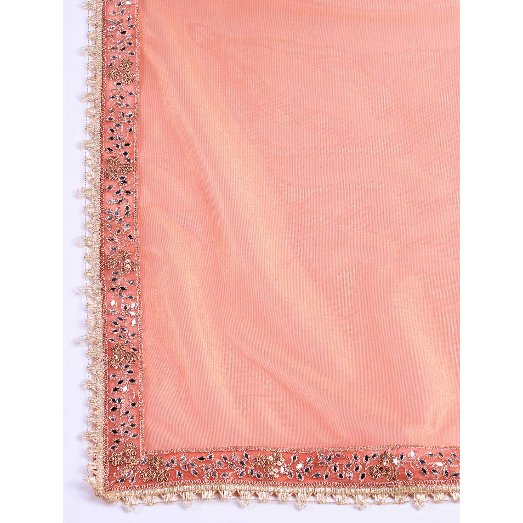 Peach Sequins Embroidery With Mirror Handwork Twill Net Saree - Image 11