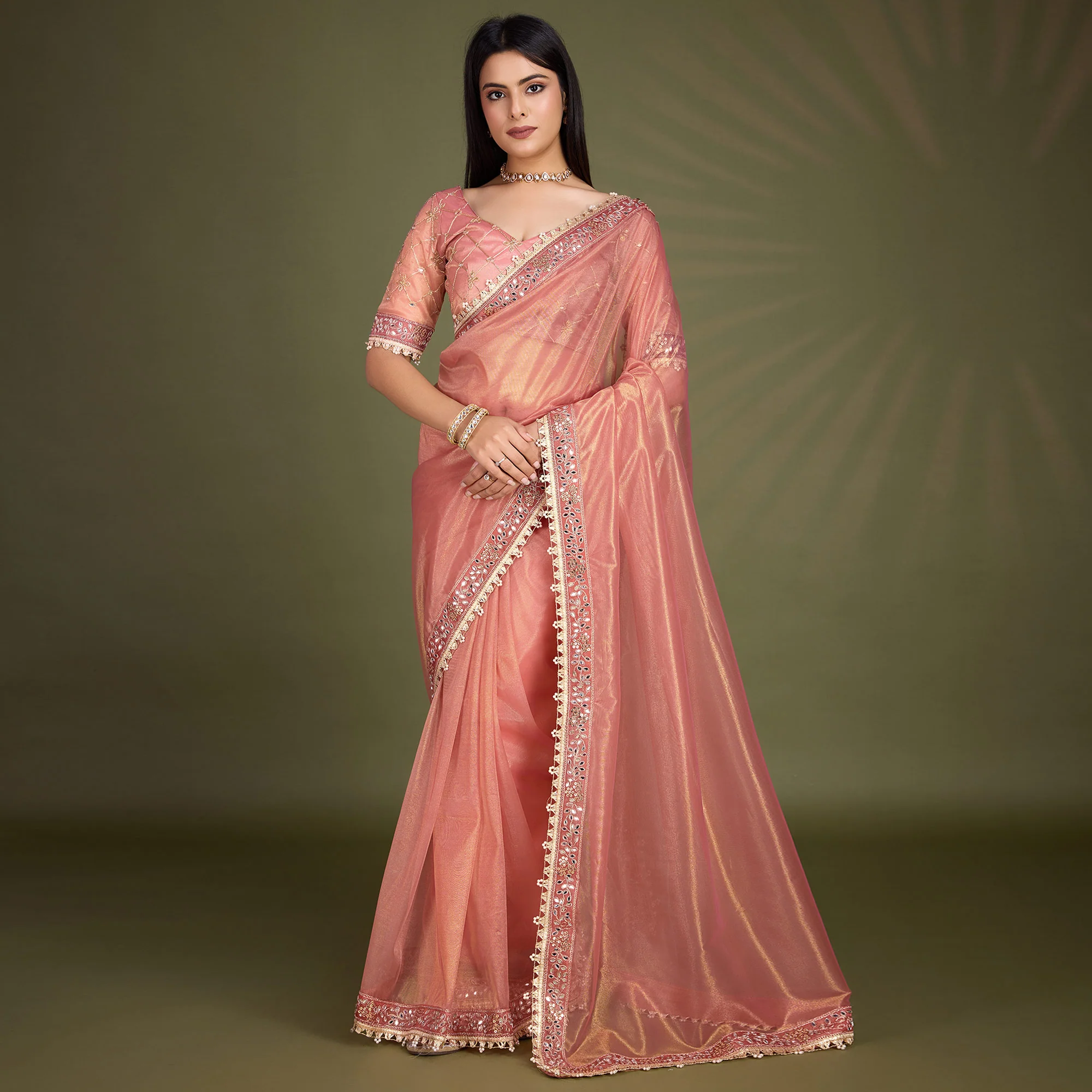 Peach Sequins Embroidery With Mirror Handwork Twill Net Saree - Image 2