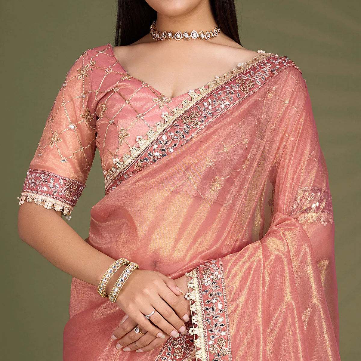 Peach Sequins Embroidery With Mirror Handwork Twill Net Saree - Image 3