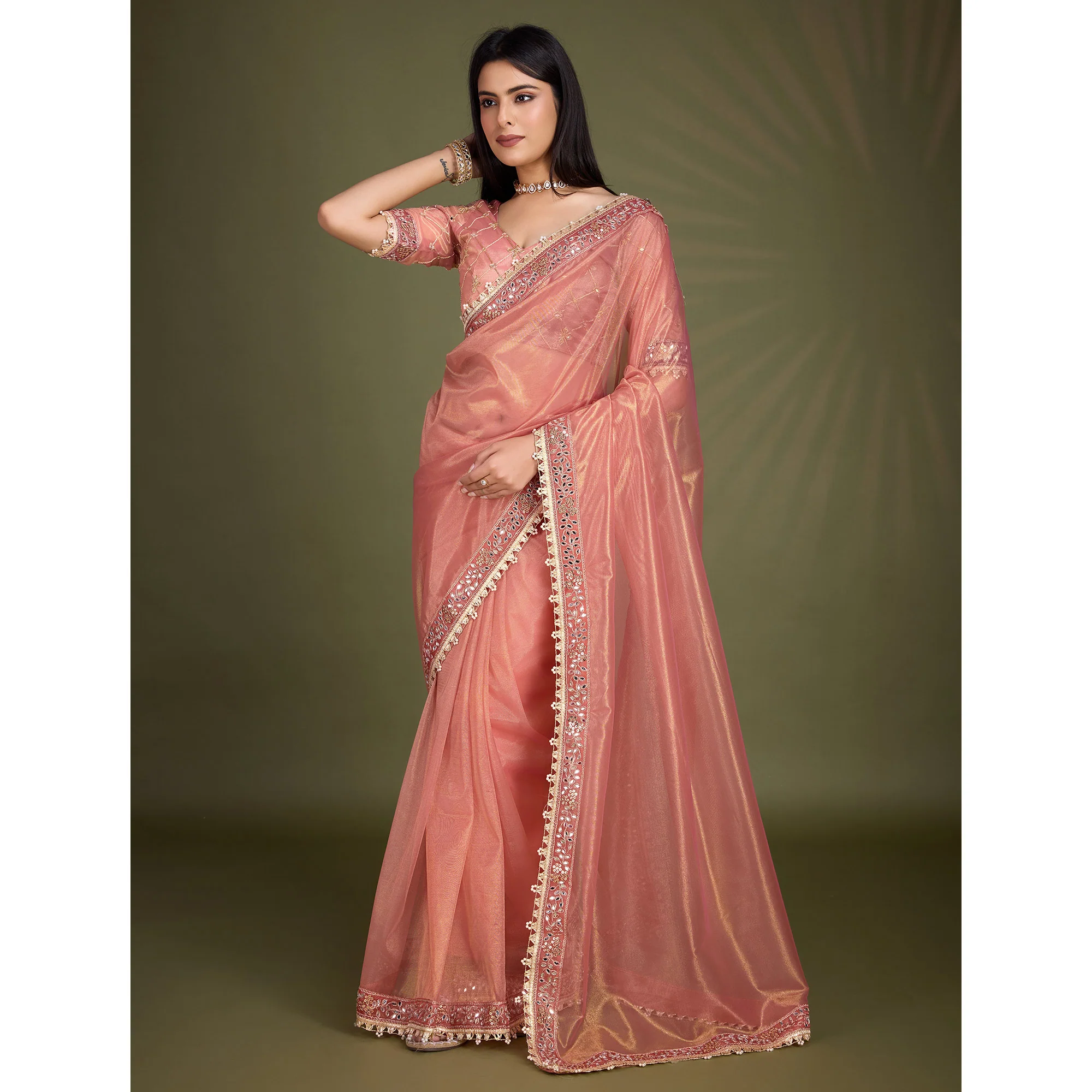 Peach Sequins Embroidery With Mirror Handwork Twill Net Saree - Image 4