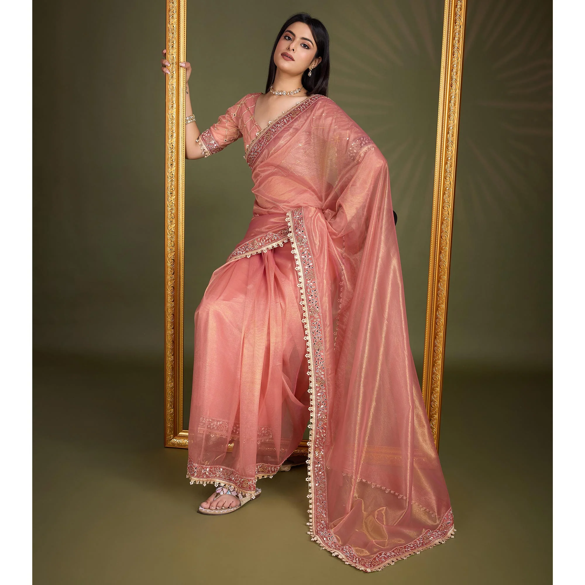 Peach Sequins Embroidery With Mirror Handwork Twill Net Saree - Image 5