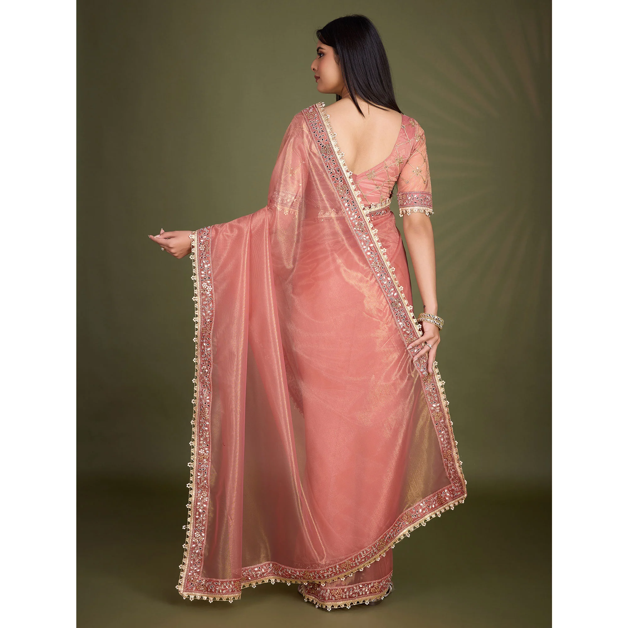 Peach Sequins Embroidery With Mirror Handwork Twill Net Saree - Image 6