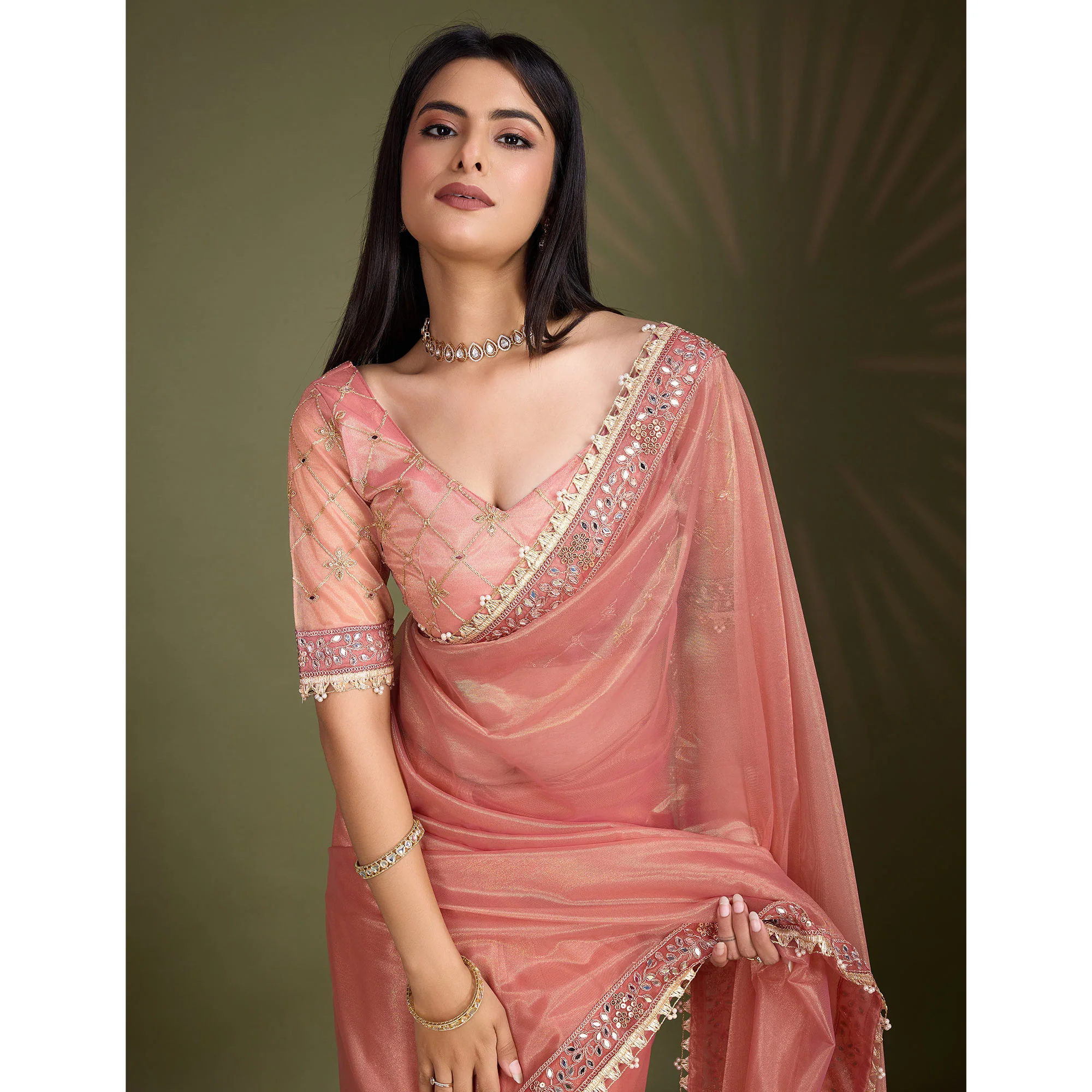 Peach Sequins Embroidery With Mirror Handwork Twill Net Saree - Image 7