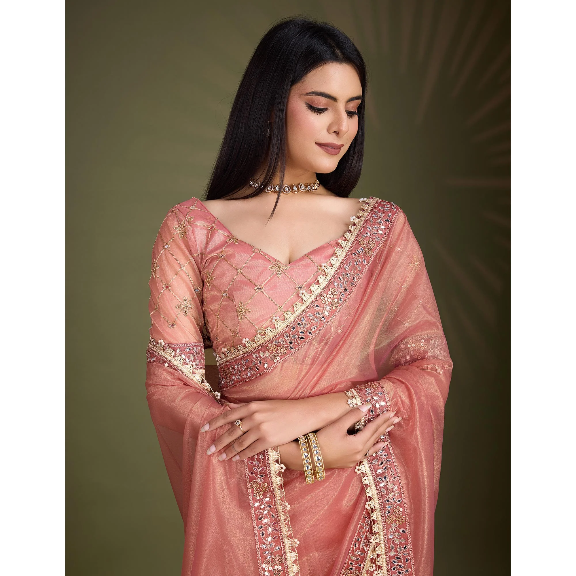 Peach Sequins Embroidery With Mirror Handwork Twill Net Saree - Image 8