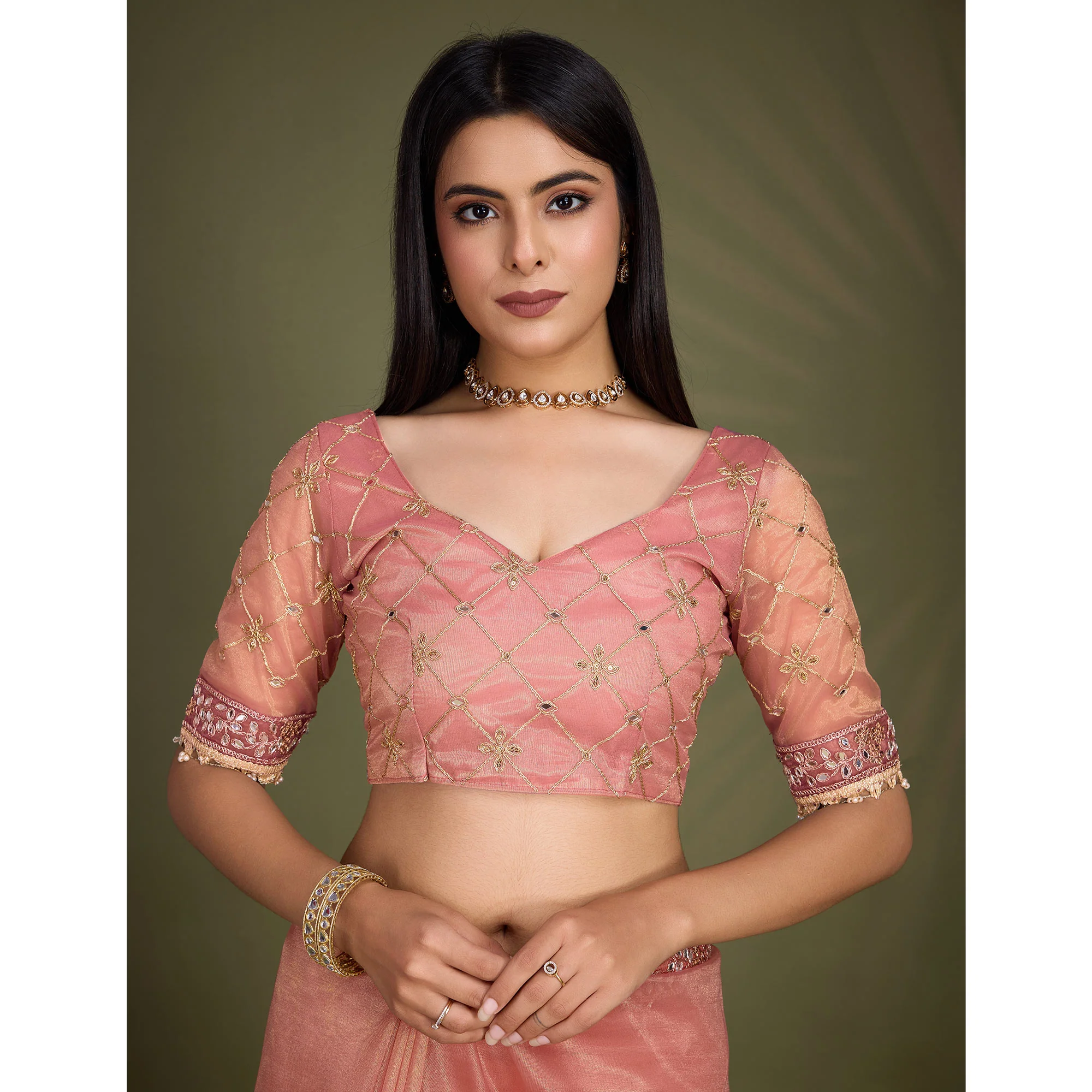 Peach Sequins Embroidery With Mirror Handwork Twill Net Saree - Image 9