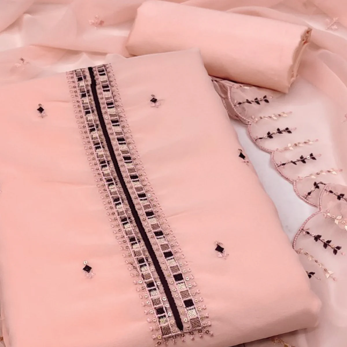 Peach Sequins & Thread Embroidered Georgette Dress Material - Image 2