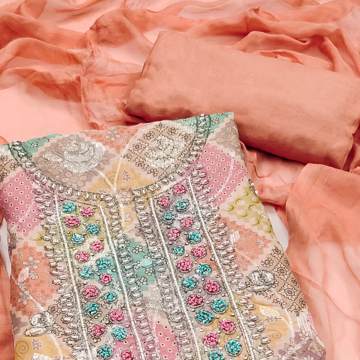 Peach Sequins With Hand Embroidered Muslin Dress Material - Image 2
