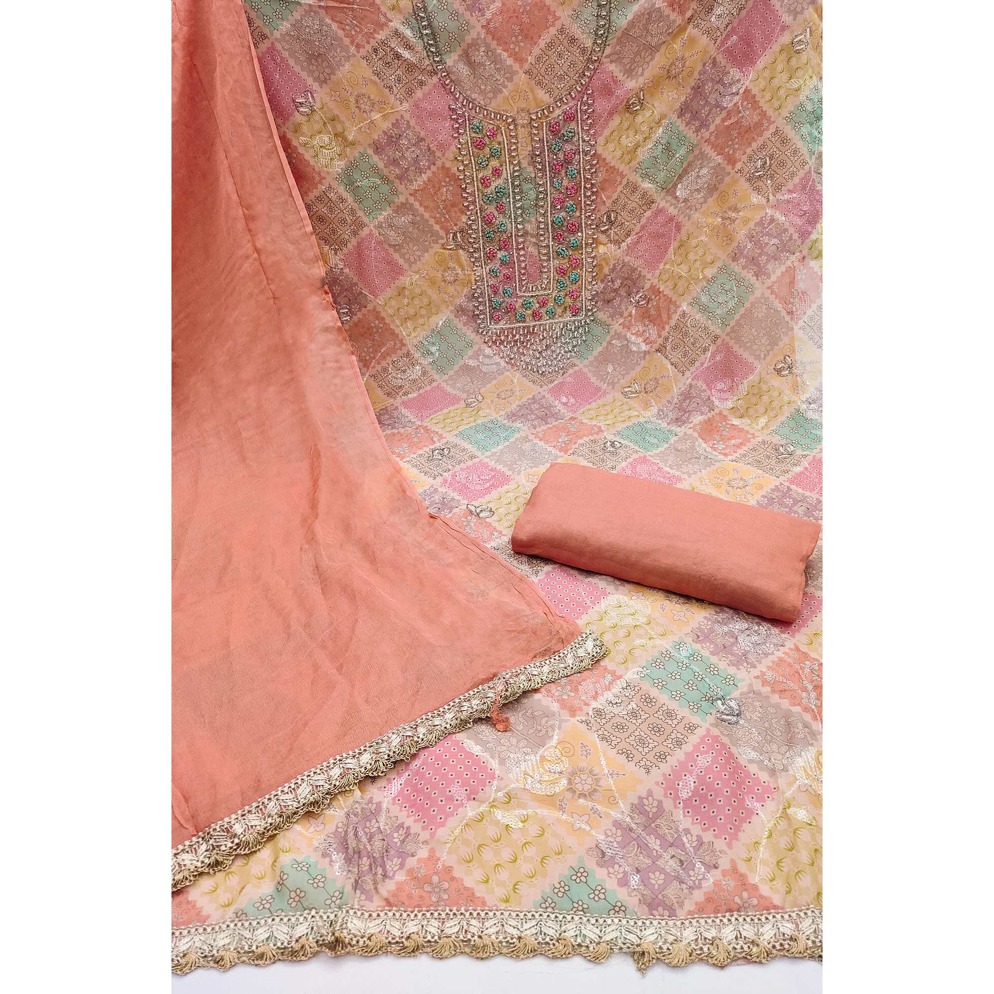 Peach Sequins With Hand Embroidered Muslin Dress Material - Image 3